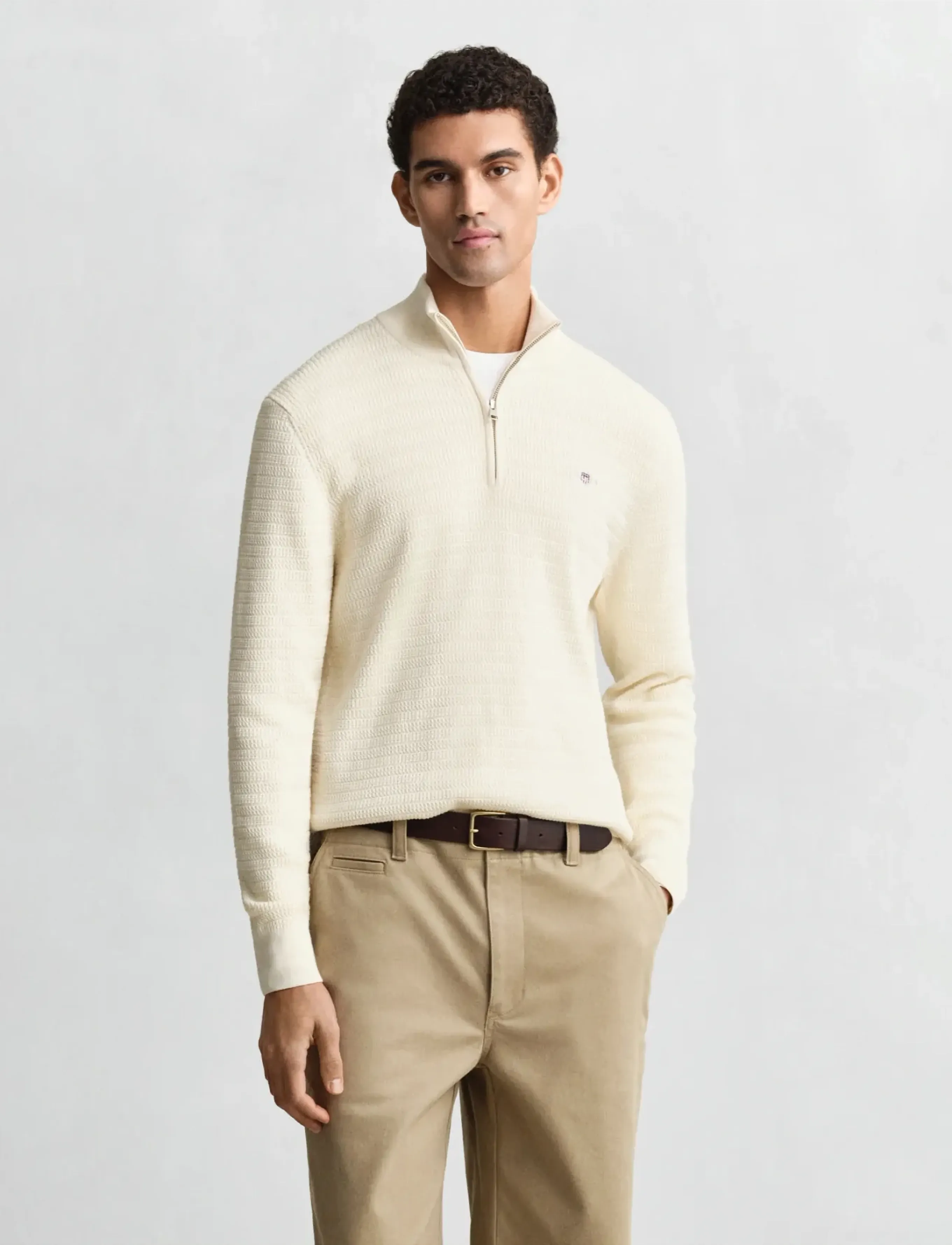 Gant Mini Cable Half Zip, XXL, Knitwear, Creme - Zip Jumpers, Männerswear