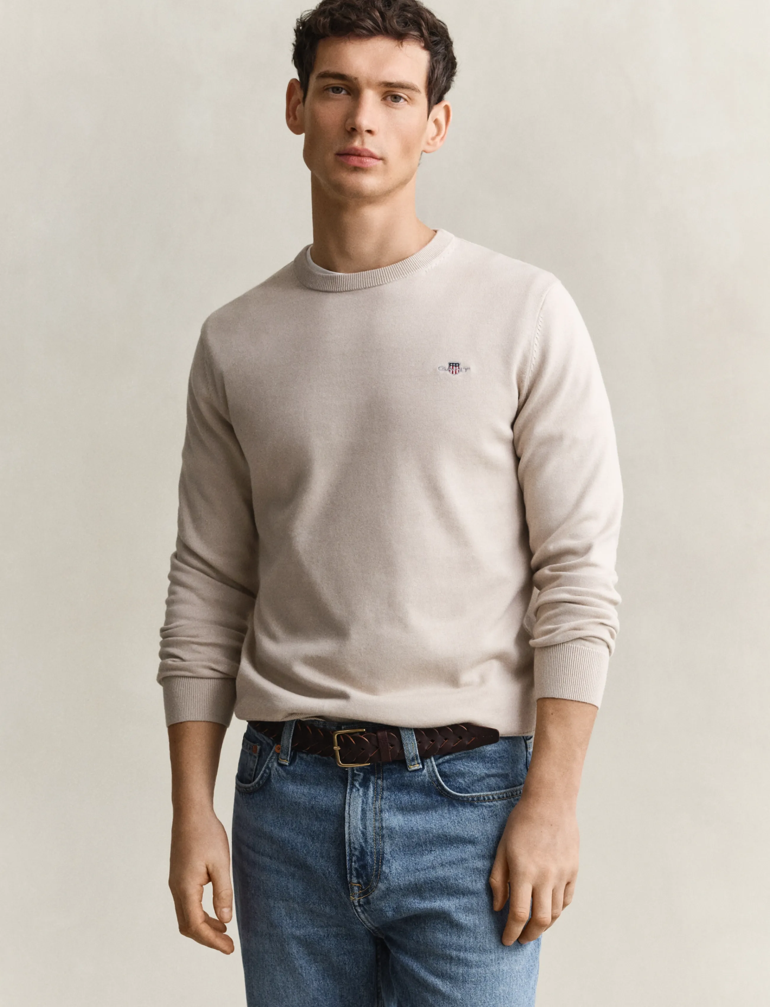Gant Cotton Sweater, Mænd, Rundhalset Sweater, Beige, Str: XXXL