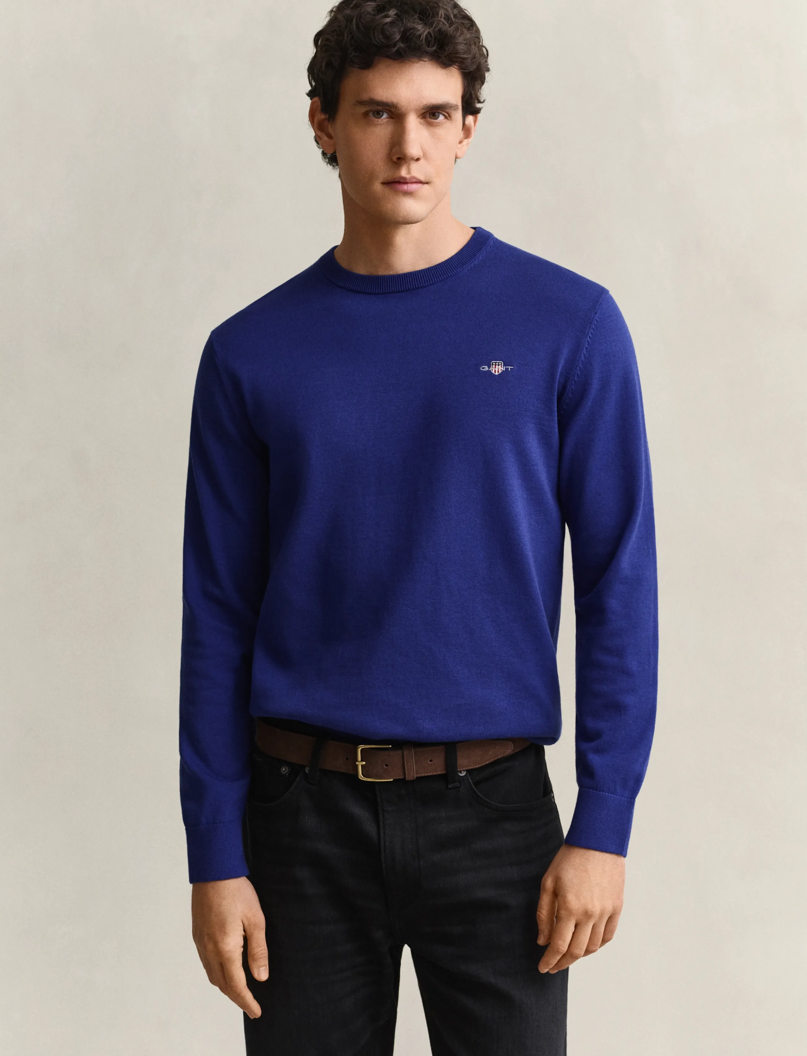 Gant Cotton Sweater, Mænd, Rundhalset Sweater, Blå, Str: XXL