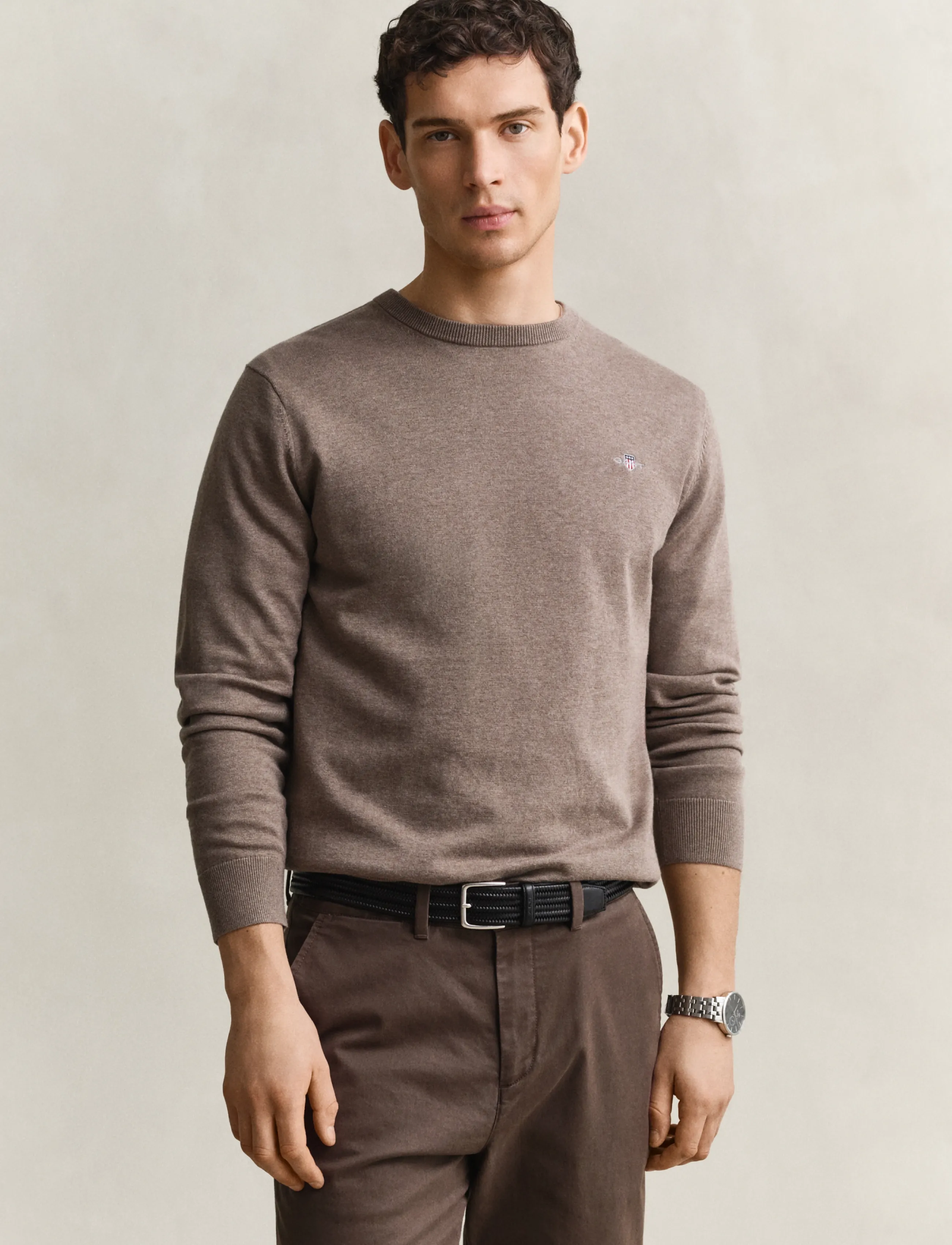 Gant Cotton Sweater, Mænd, Rundhalset Sweater, Brun, Str: L