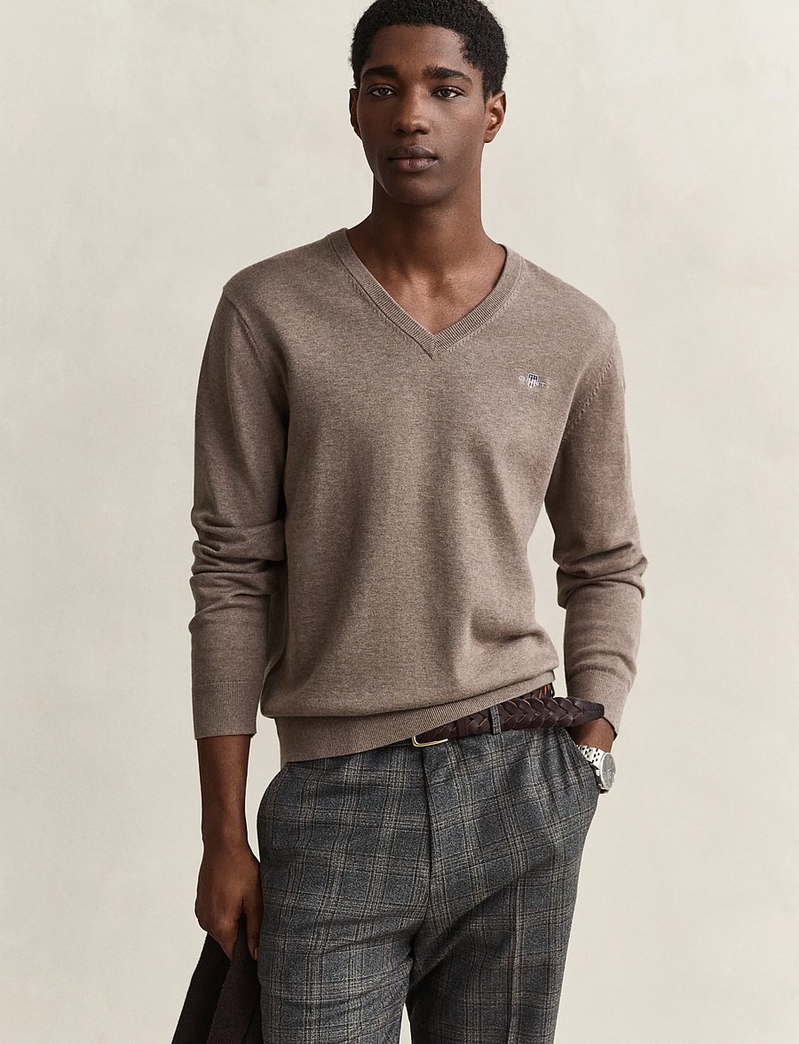Gant - Cotton Sweater - v-ringat - dark hazelnut melange - 0