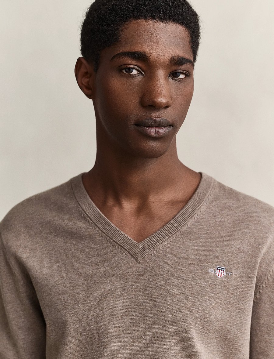 Gant - Cotton Sweater - v-ringat - dark hazelnut melange - 3