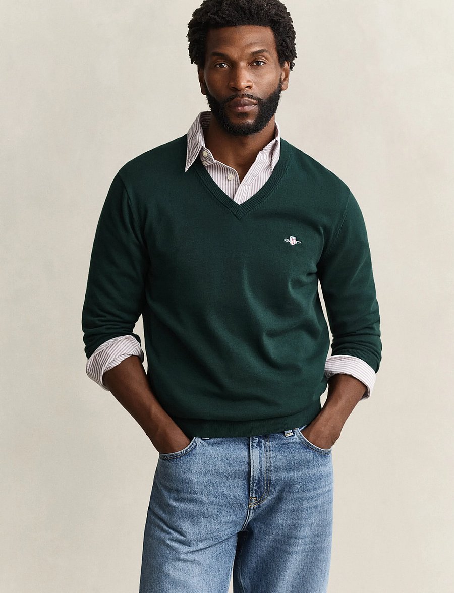 Gant - Cotton Sweater - v-necks - tartan green - 0