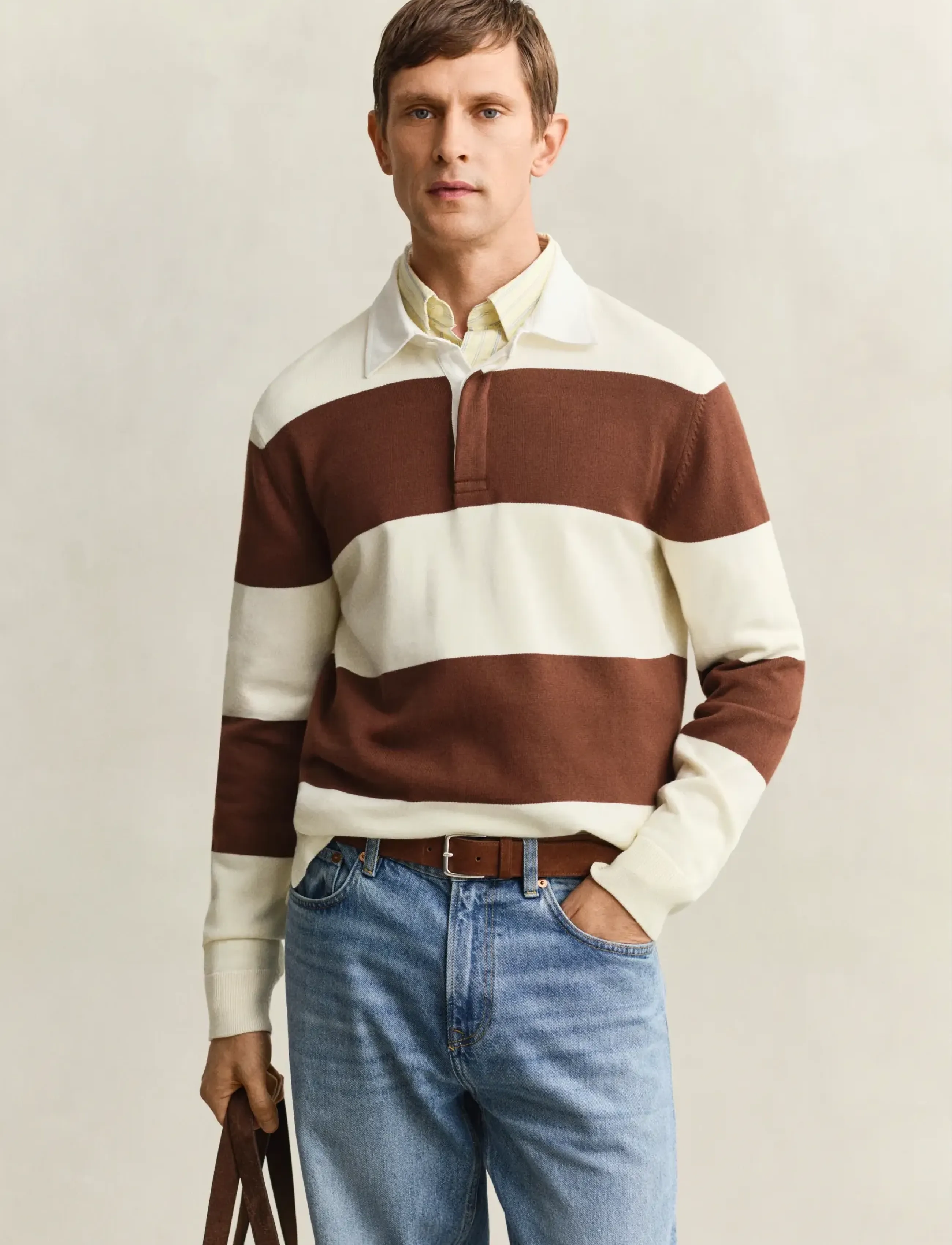 Gant Barstriped Cotton Polo, XL, Polos, Braun - Long-sleeved, Männerswear