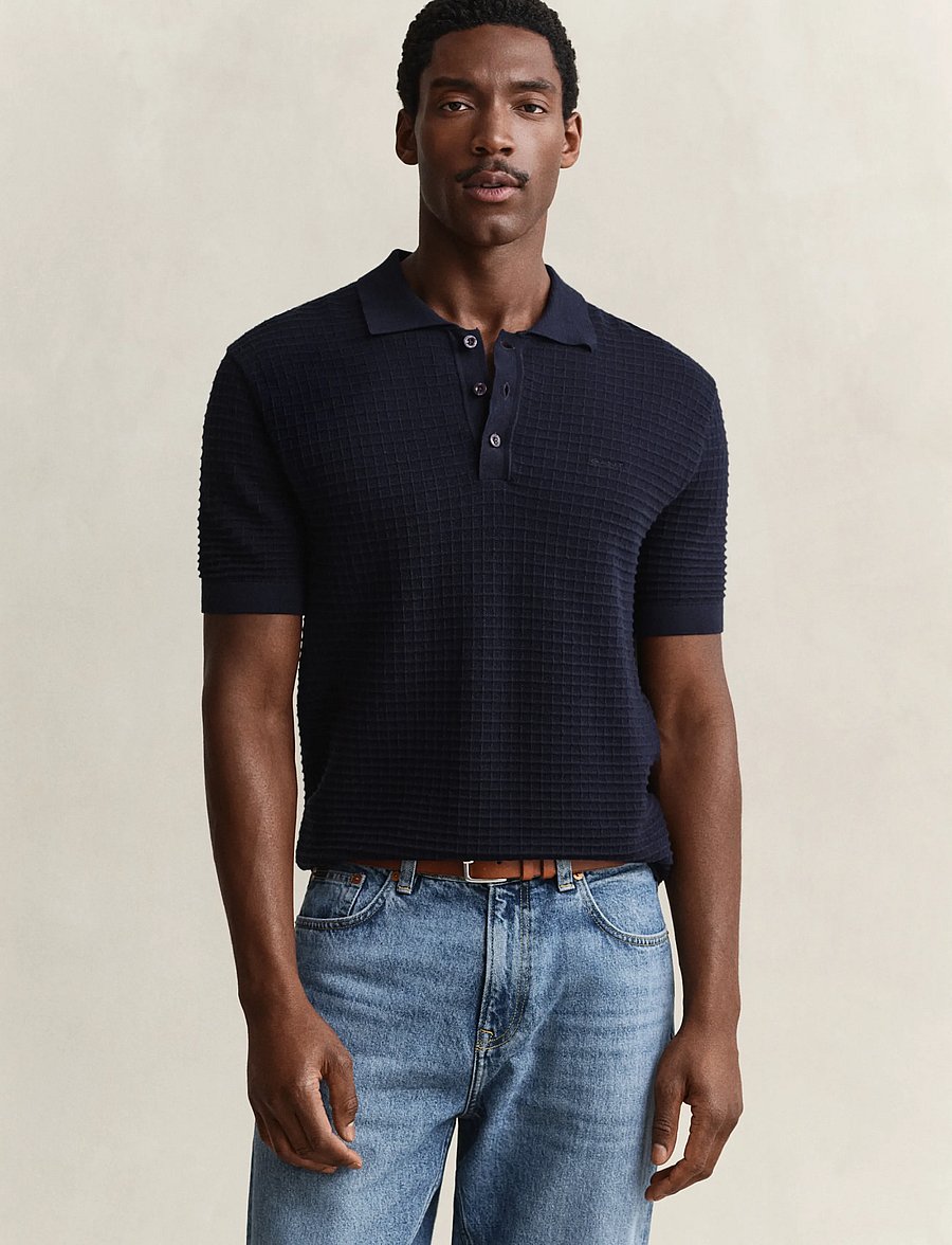 Gant - COTTON TEXTURE POLO - langärmlige strick-polohemden - evening blue - 0
