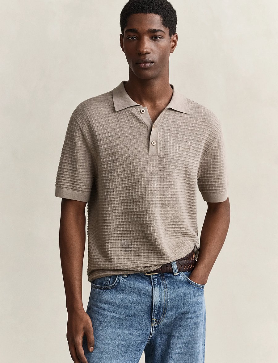 Gant - COTTON TEXTURE POLO - langärmlige strick-polohemden - mist taupe - 0