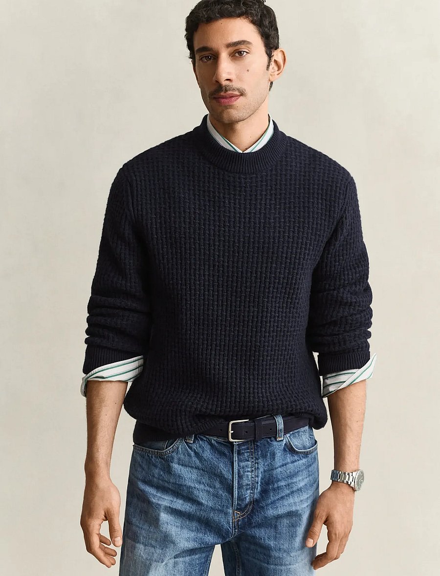Gant - TEXTURED COTTON WOOL MOCK-NECK - rundhalsad - evening blue - 0