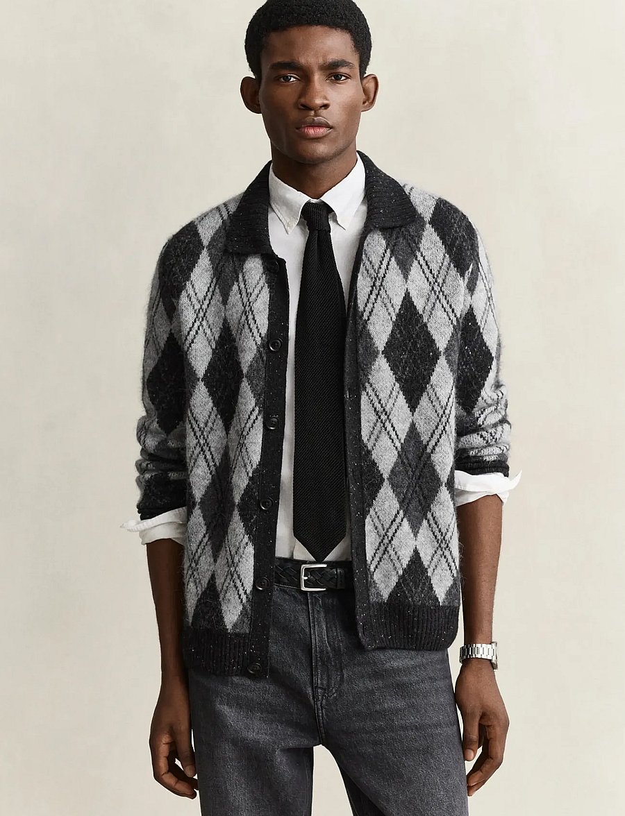 Gant - ALPACA BLEND ARGYLE POLO CARDIGAN - kardiganid - black - 0