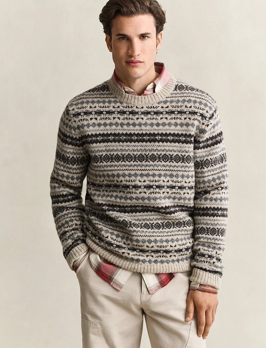 Gant - BRUSHED WOOL JACQUARD C-NECK - light beige melange - 0