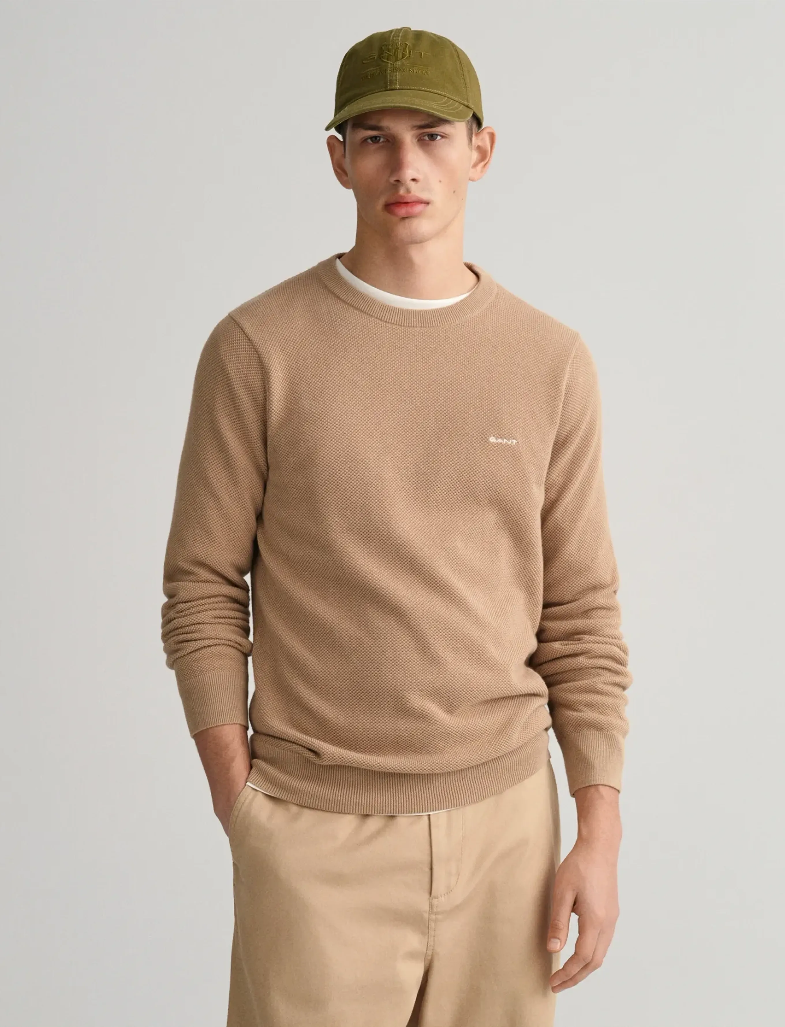 Gant Cotton Pique C-Neck, M, Knitwear, Beige - Round Necks, Männerswear