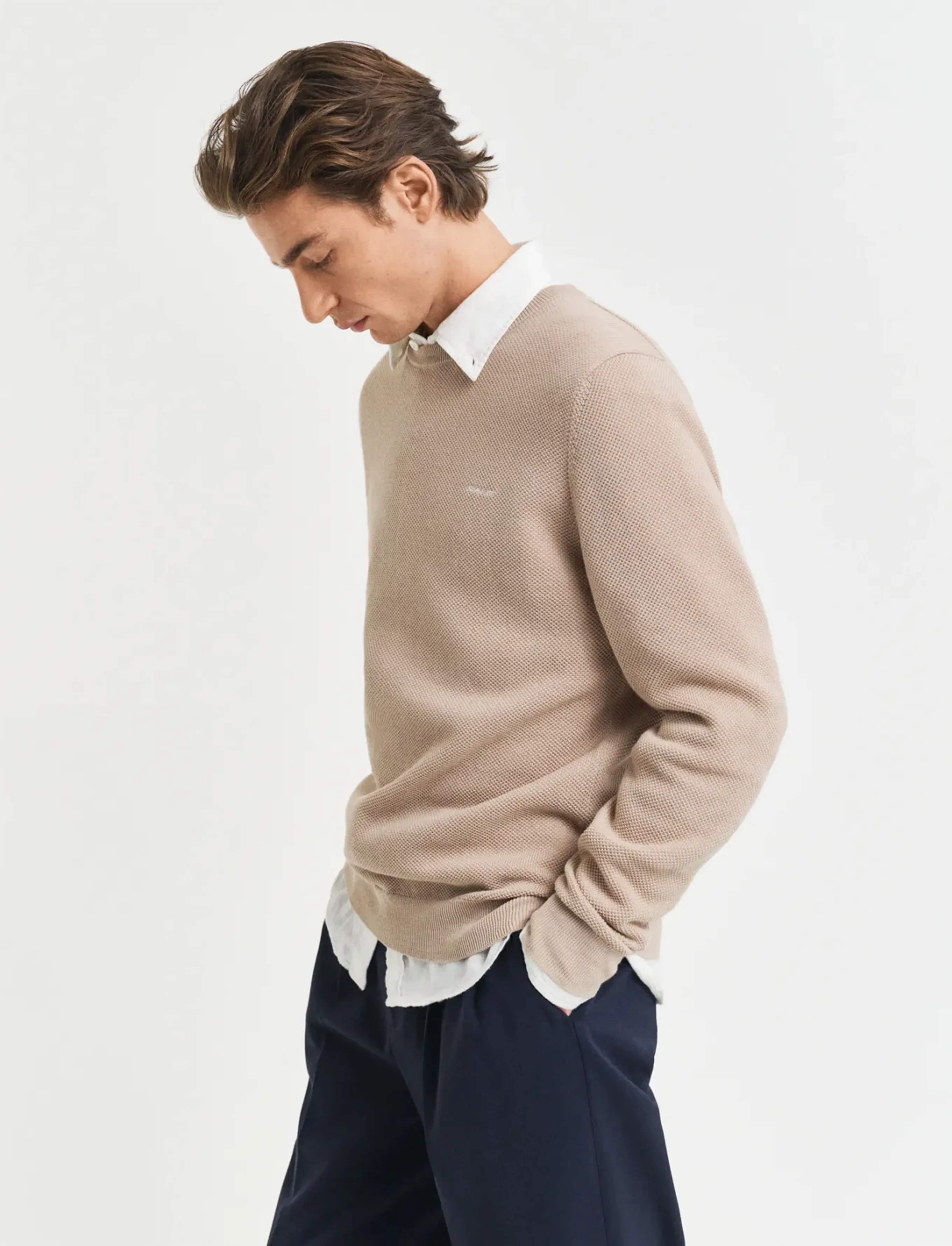 Gant Cotton Pique C-Neck, Mænd, Piqué Rundhals Sweater, Beige, Str: XL