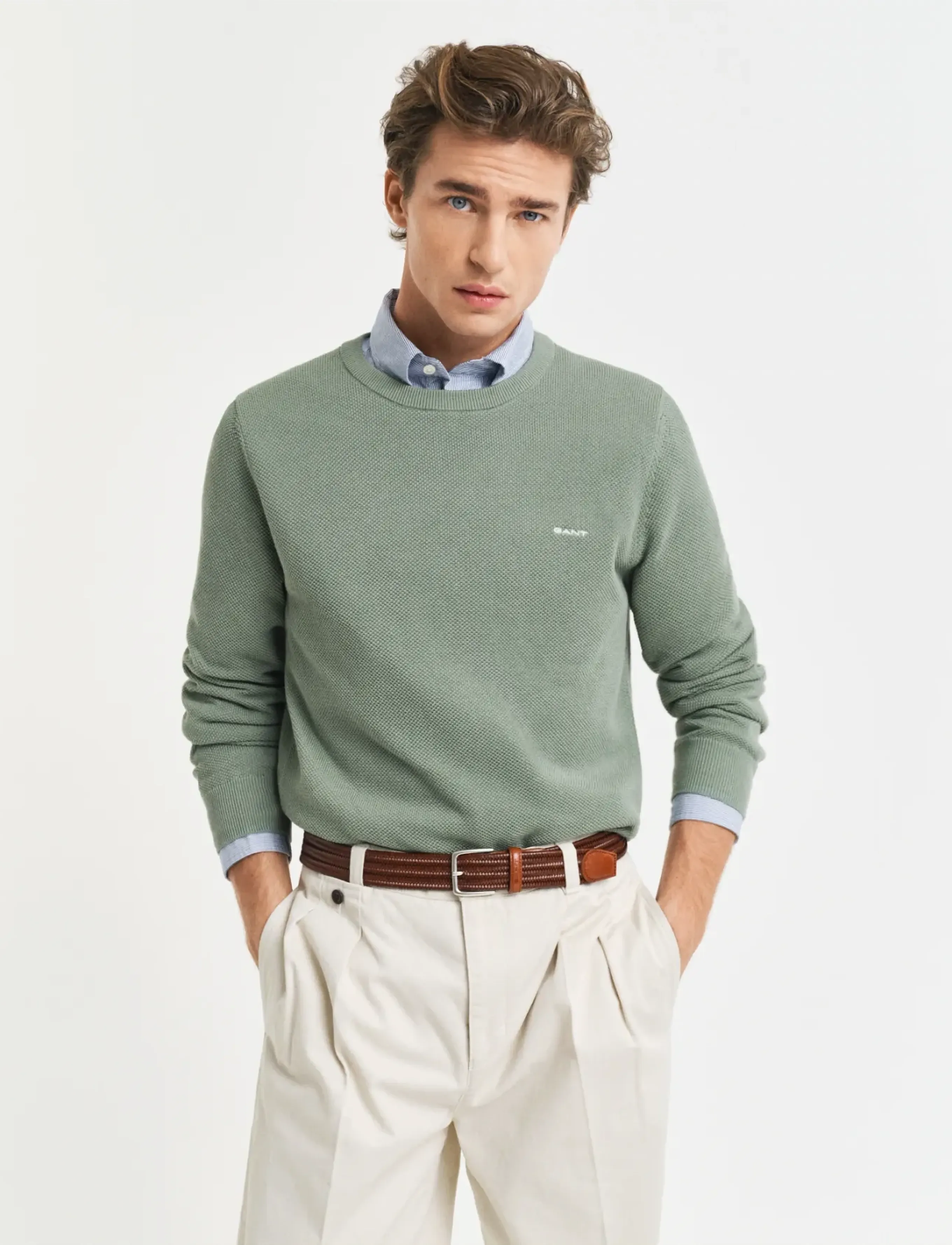 Gant Cotton Pique C-Neck, 3XL, Knitwear, Khakigrün - Round Necks, Männerswear