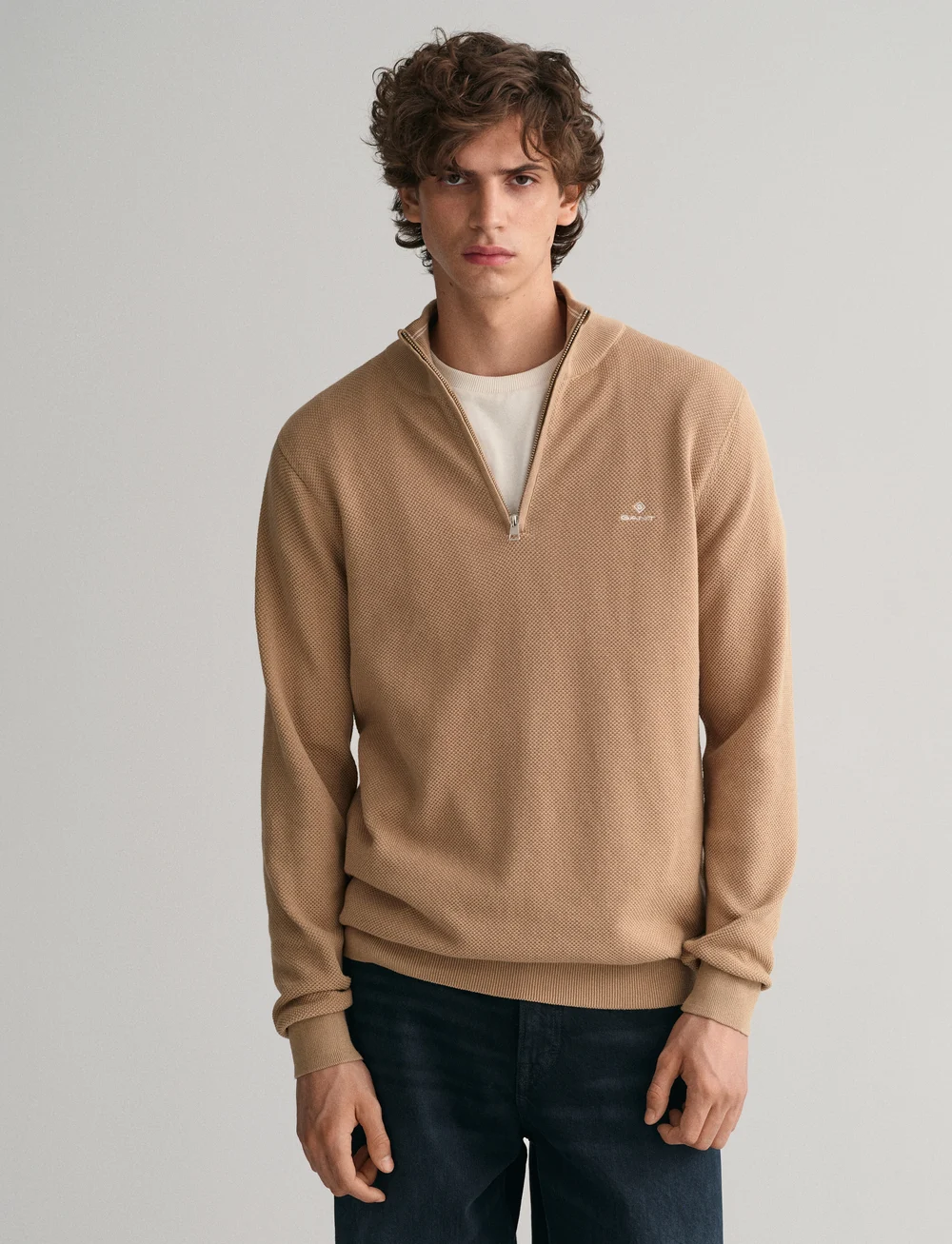 GANT - COTTON PIQUE HALF ZIP - half zip jumpers - dark khaki - 0