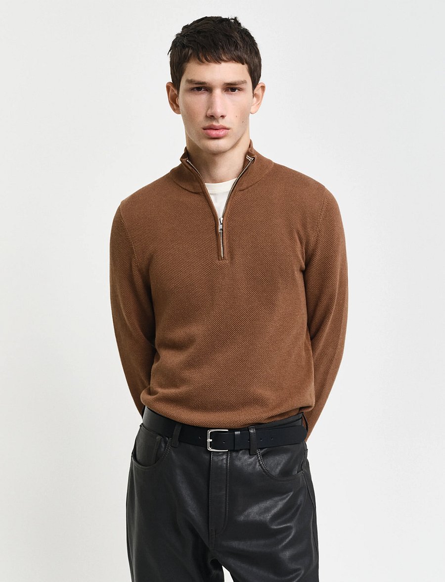 Gant - COTTON PIQUE HALF ZIP - džemperi ar daļēju rāvējslēdzēju - hazelnut melange - 0