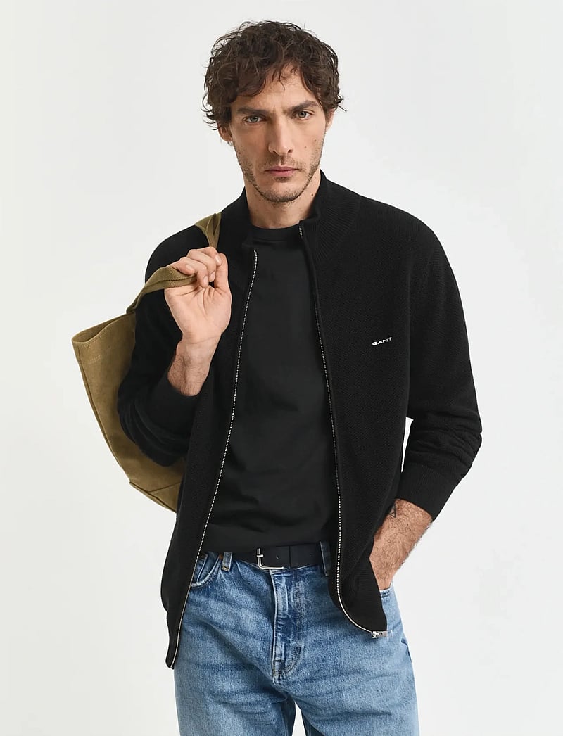 GANT - COTTON PIQUE ZIP CARDIGAN - fullzip strik - black - 0