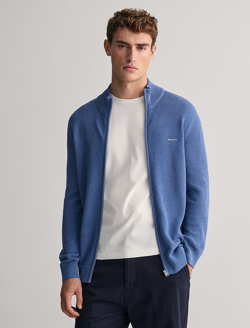 GANT - COTTON PIQUE ZIP CARDIGAN - full zip tröjor - denim blue melange - 0