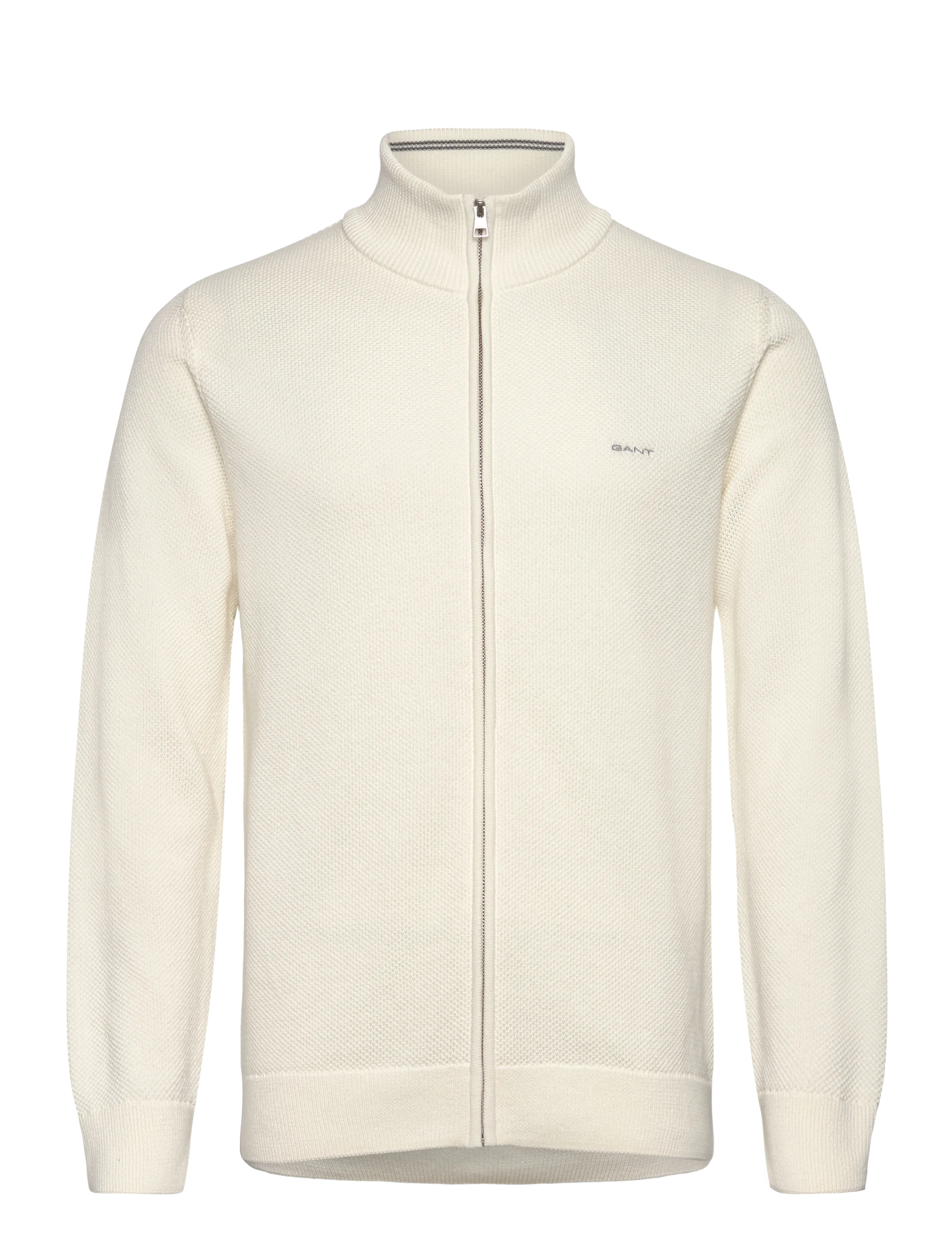 COTTON PIQUE ZIP CARDIGAN - EGGSHELL