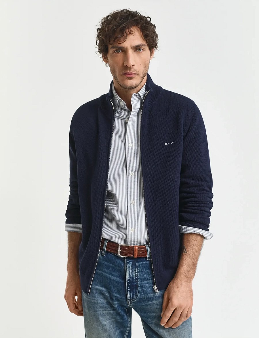 Gant - COTTON PIQUE ZIP CARDIGAN - full zip strik - evening blue - 0