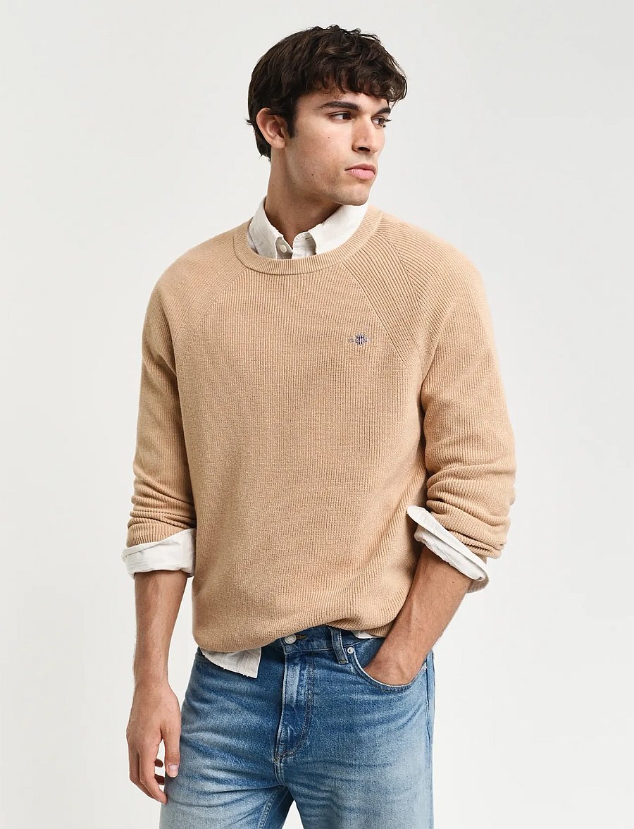 Gant - COTTON WOOL RIB C-NECK - pulls col rond - khaki melange - 0