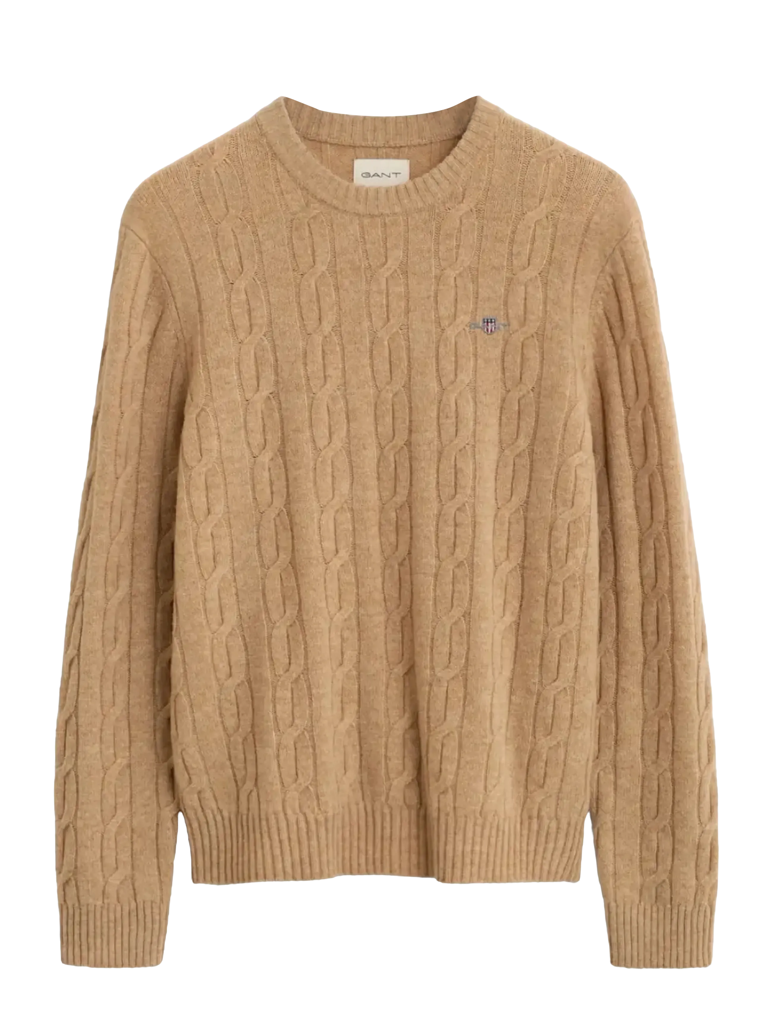 GANT LAMBSWOOL CABLE C-NECK - Knitted Round Necks - KHAKI MELANGE / beige