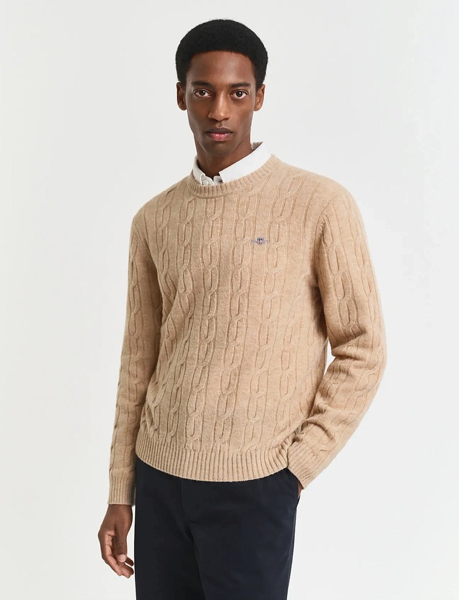 Gant - LAMBSWOOL CABLE C-NECK - pyöreäaukkoiset - khaki melange - 0
