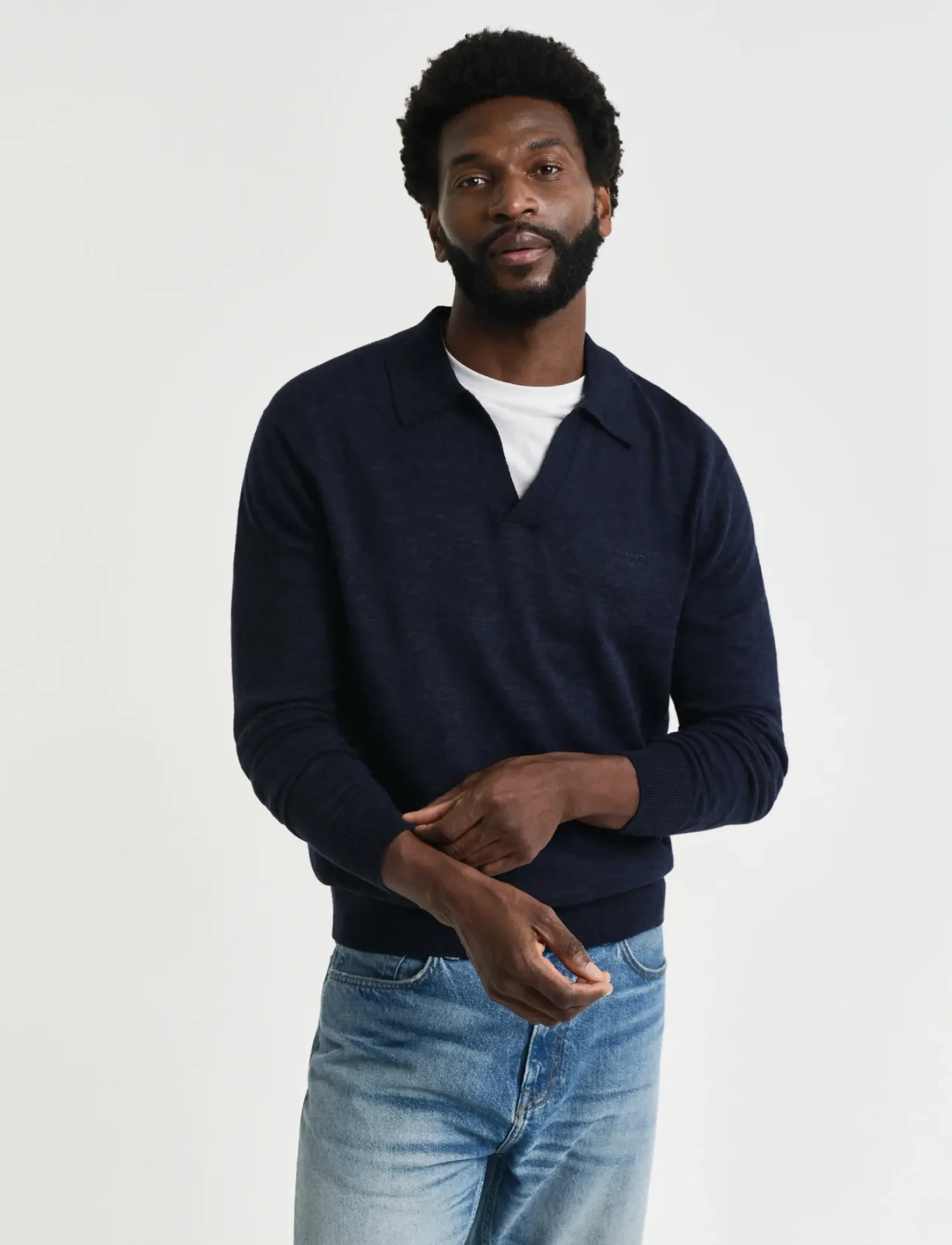 Gant Linen Blend Polo, Mænd, Langærmet Poloshirt, Navy, Str: XL