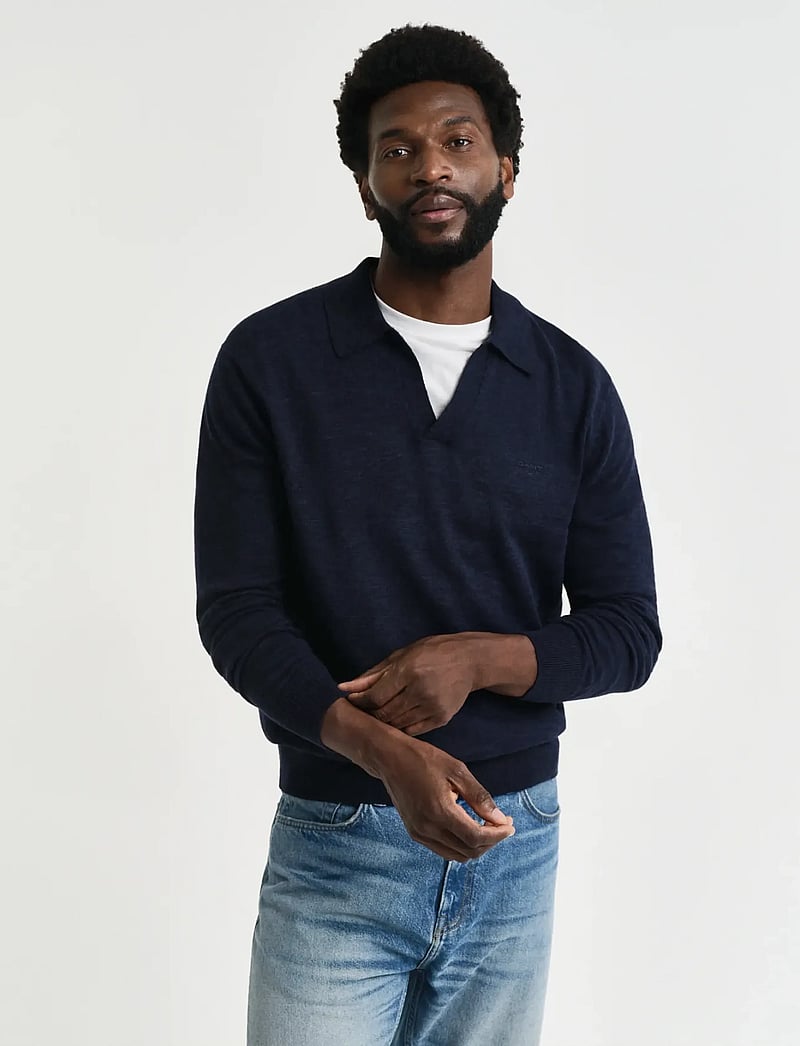 GANT - LINEN BLEND POLO - long-sleeved knitted polos - evening blue - 0