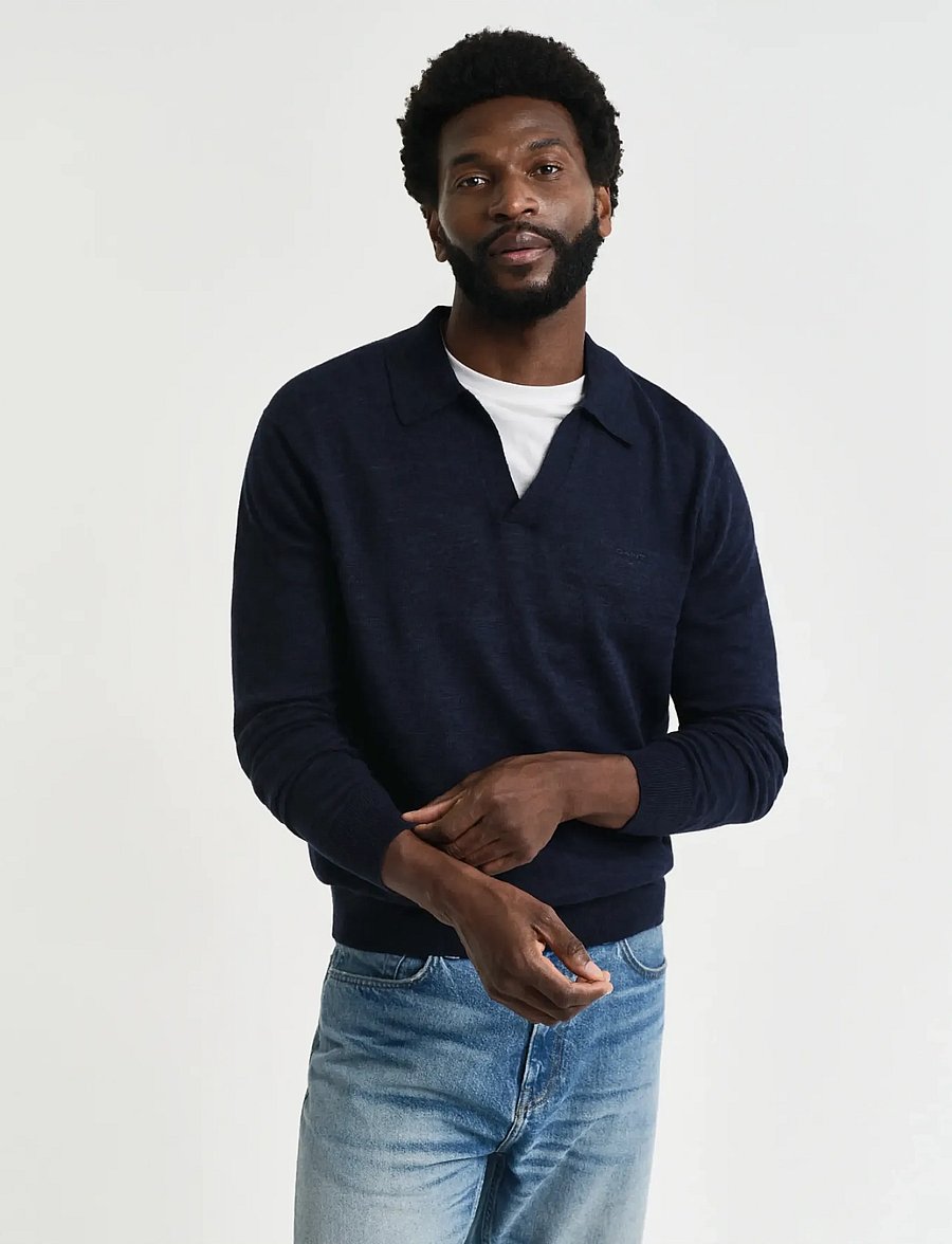 Gant - LINEN BLEND POLO - langärmelige gestrickte polohemden - evening blue - 0