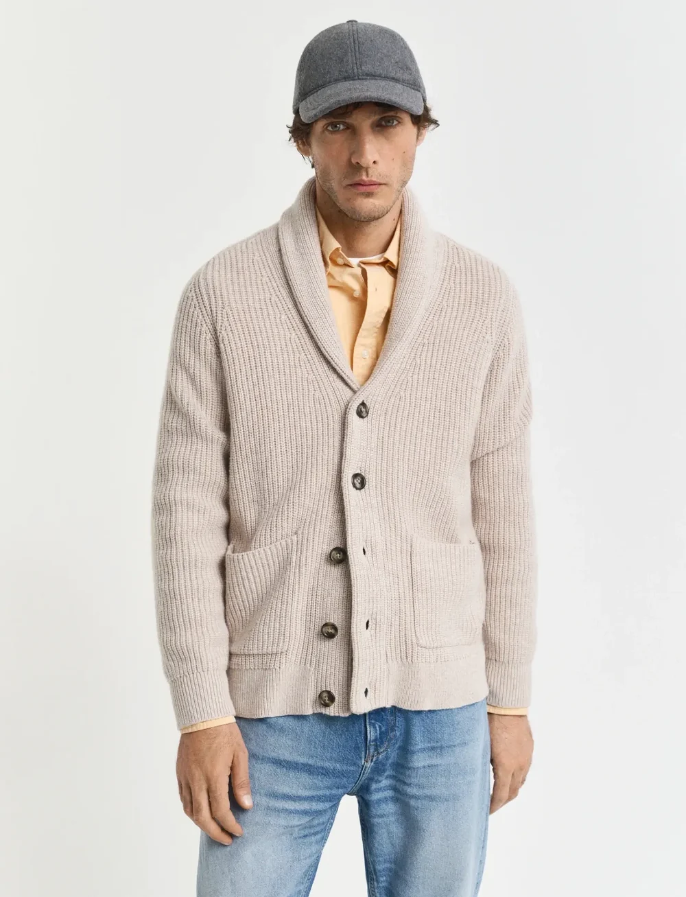 GANT - WOOL BLEND SHAWL COLLAR CARDIGAN - cardigans - light beige melange - 0