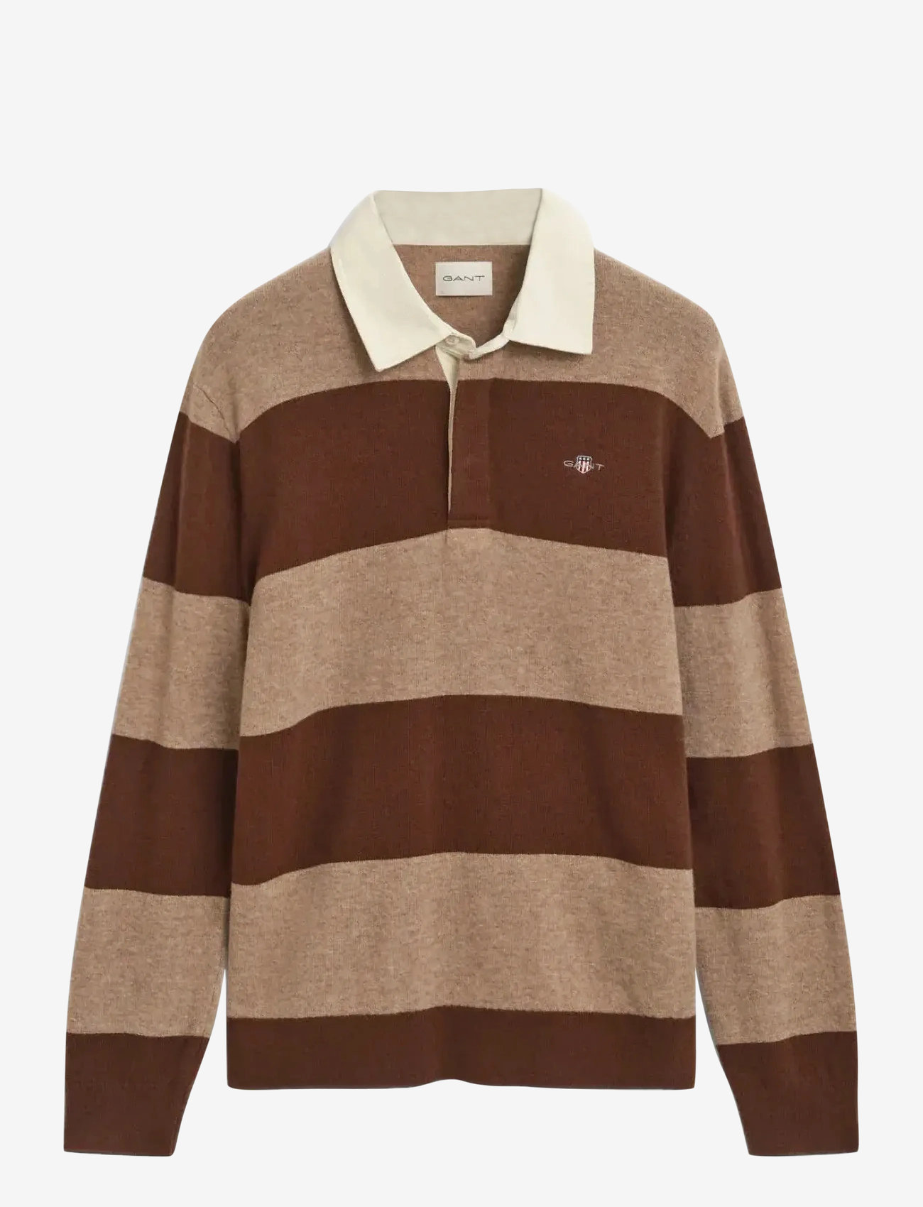 GANT - EXTRAFINE LAMBSWOOL STRIPED POLO - långärmade pikéer - dk. sand melange - 0
