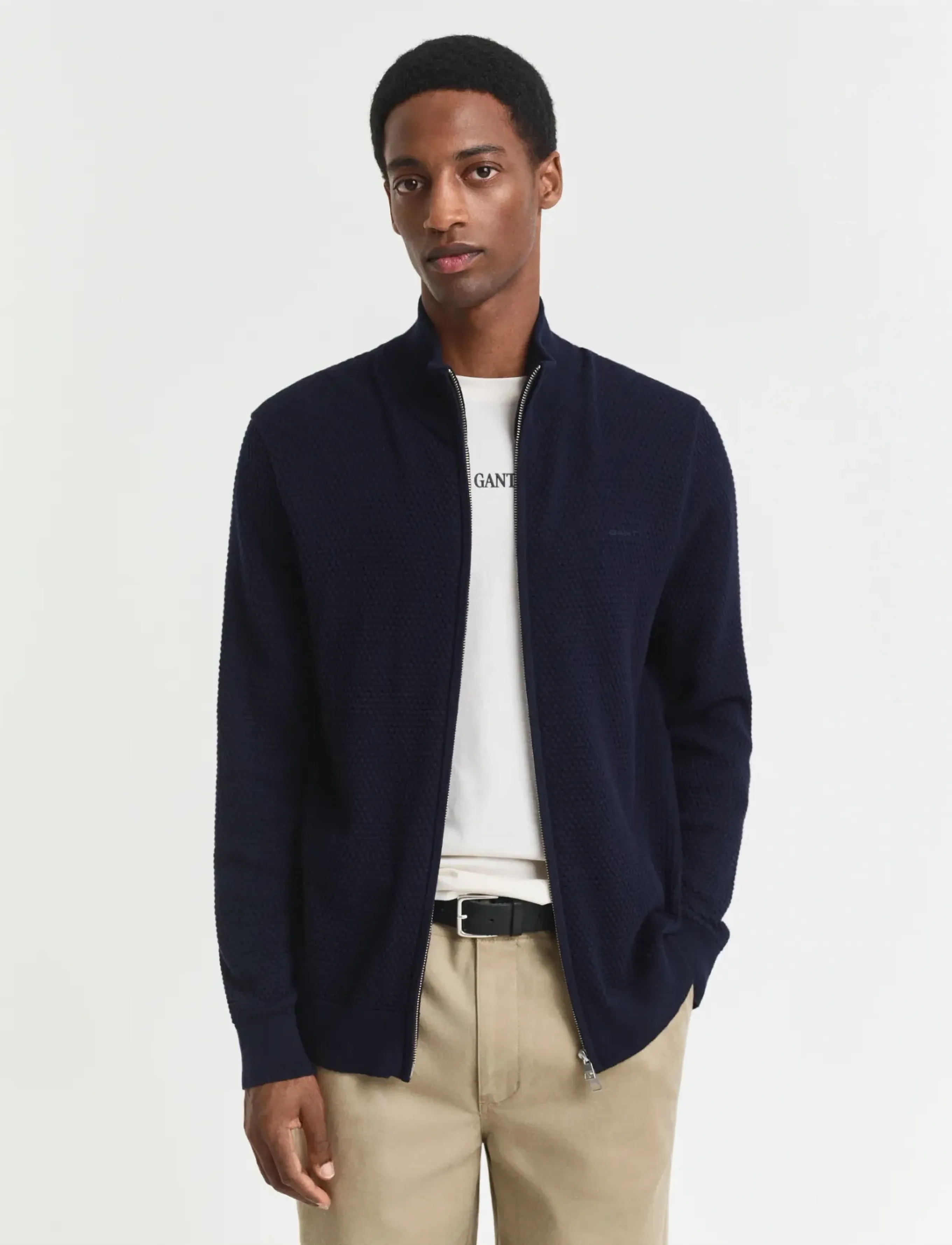 GANT TEXTURED COTTON MERINO CARDIGAN - Preppy - EVENING BLUE / navy