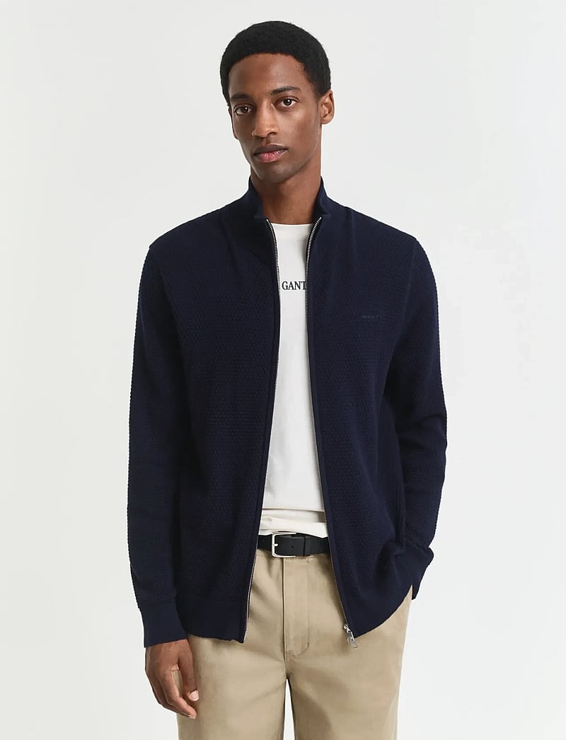 GANT - TEXTURED COTTON MERINO CARDIGAN - fullzip strik - evening blue - 0