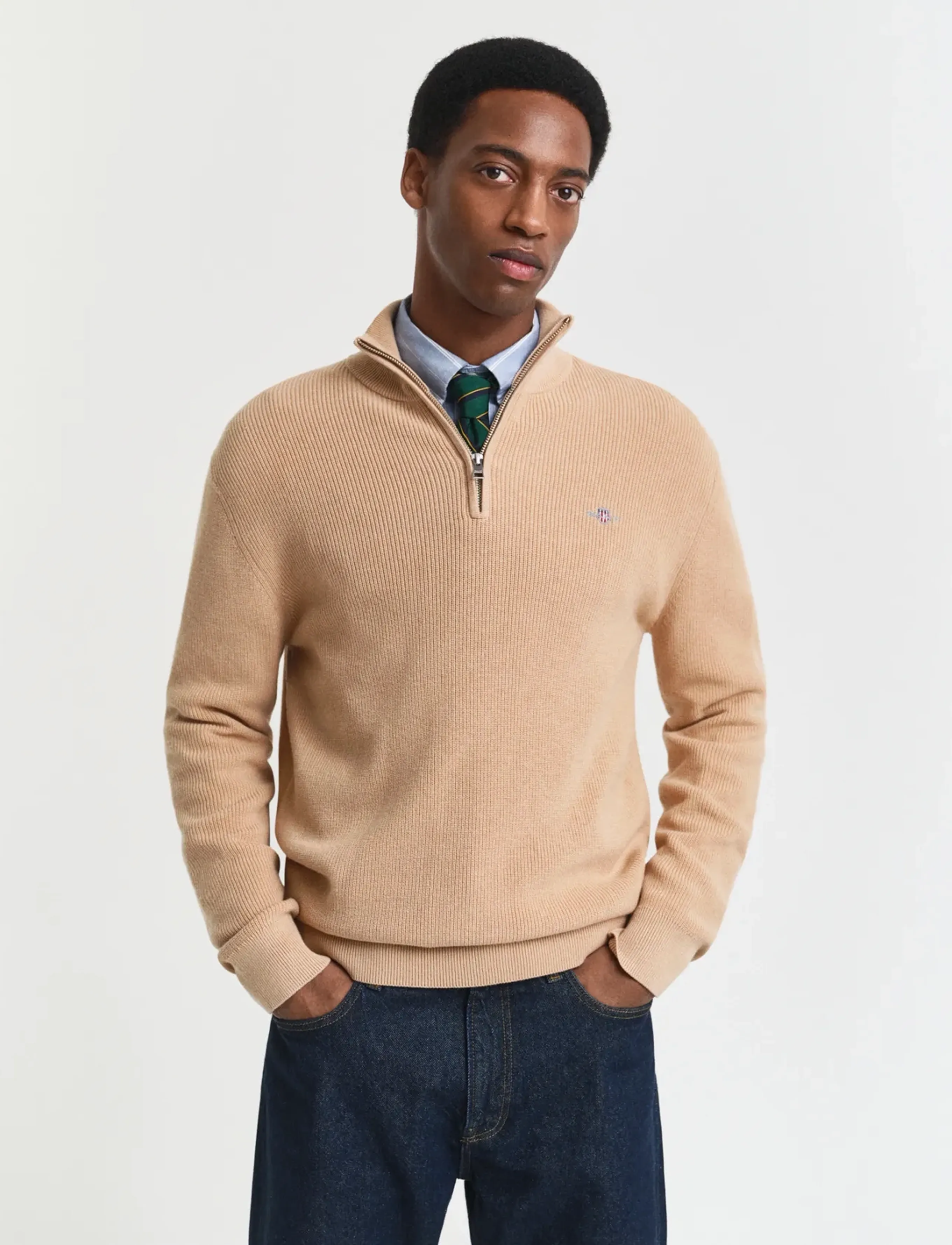 GANT COTTON MERINO RIBBED HALF ZIP - Shoppa efter stil - KHAKI MELANGE / beige