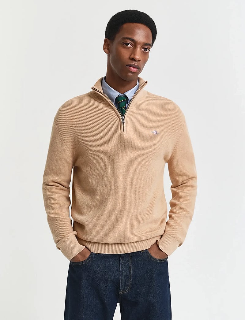 GANT - COTTON MERINO RIBBED HALF ZIP - half zip - khaki melange - 0