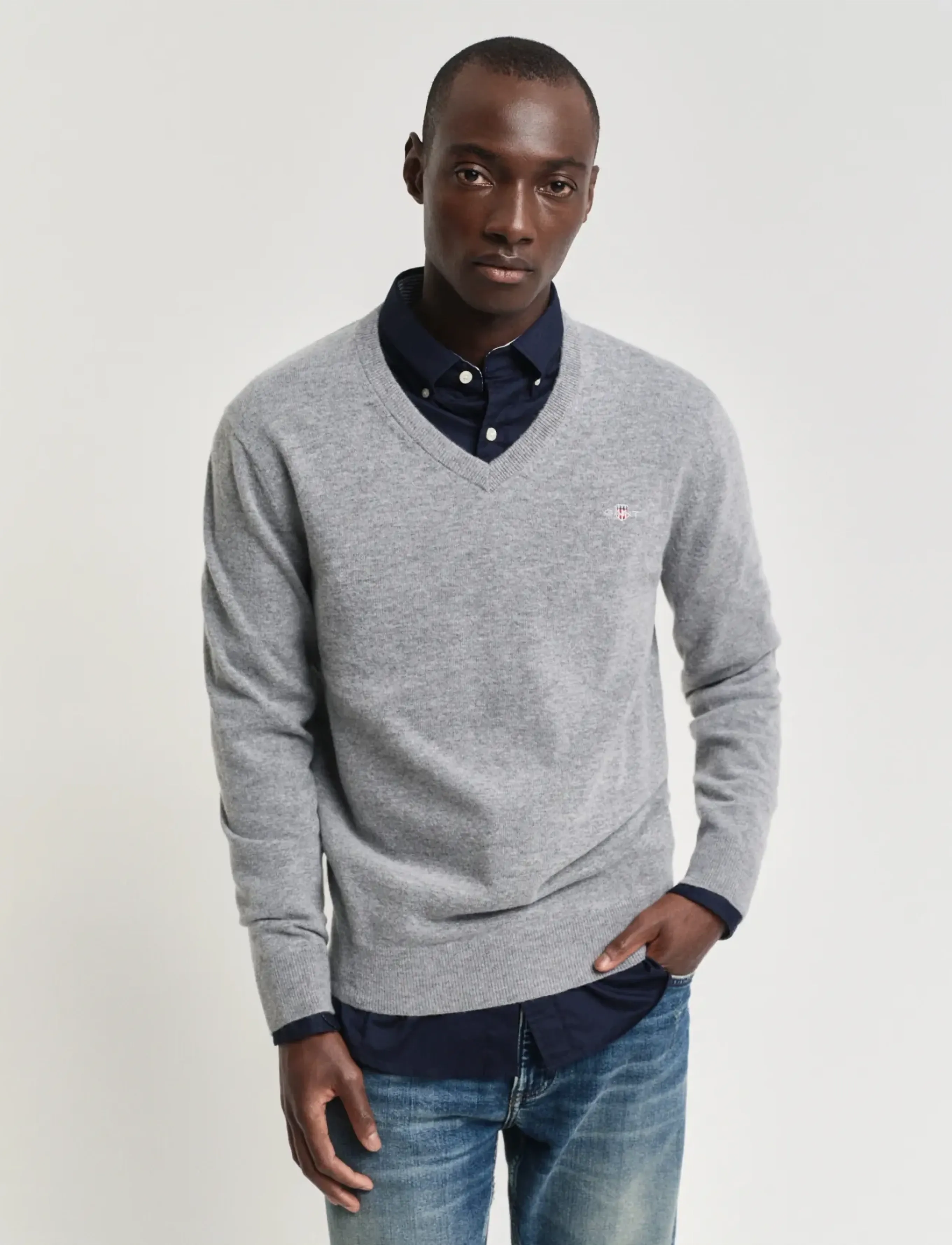 GANT EXTRAFINE LAMBSWOOL V-NECK A/S - Preppy - GREY MELANGE / grey