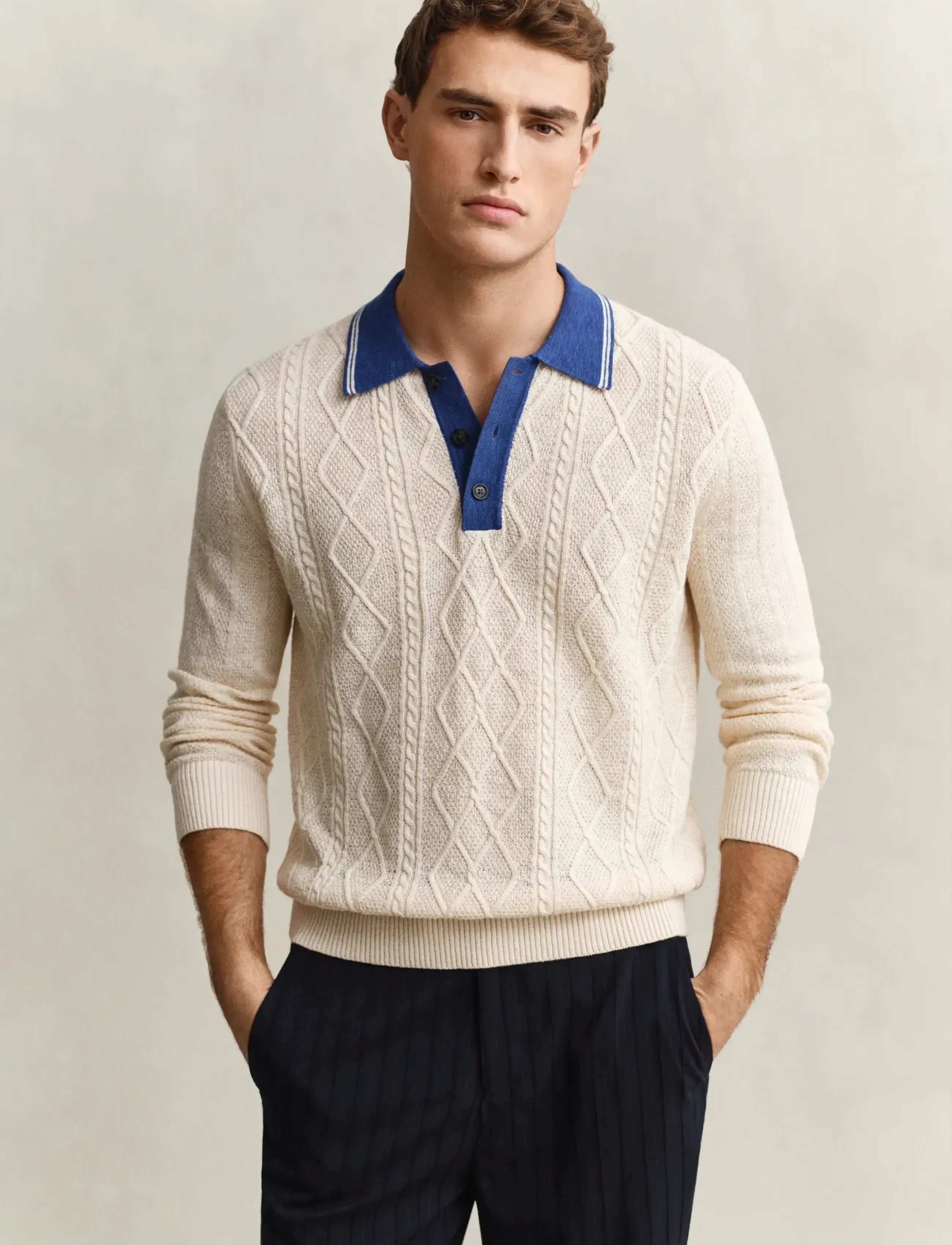 GANT LINEN COTTON SILK BLEND CABLE POLO - Preppy - CREAMED WHITE / cream