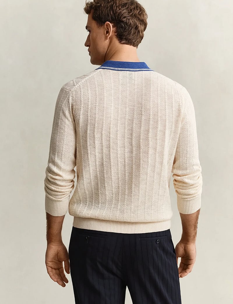 GANT - LINEN COTTON SILK BLEND CABLE POLO - kootud polosärgid - creamed white - 2