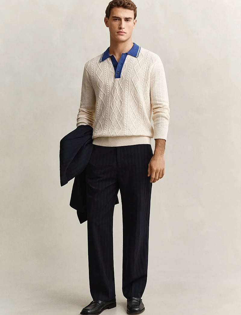 GANT - LINEN COTTON SILK BLEND CABLE POLO - kootud polosärgid - creamed white - 4