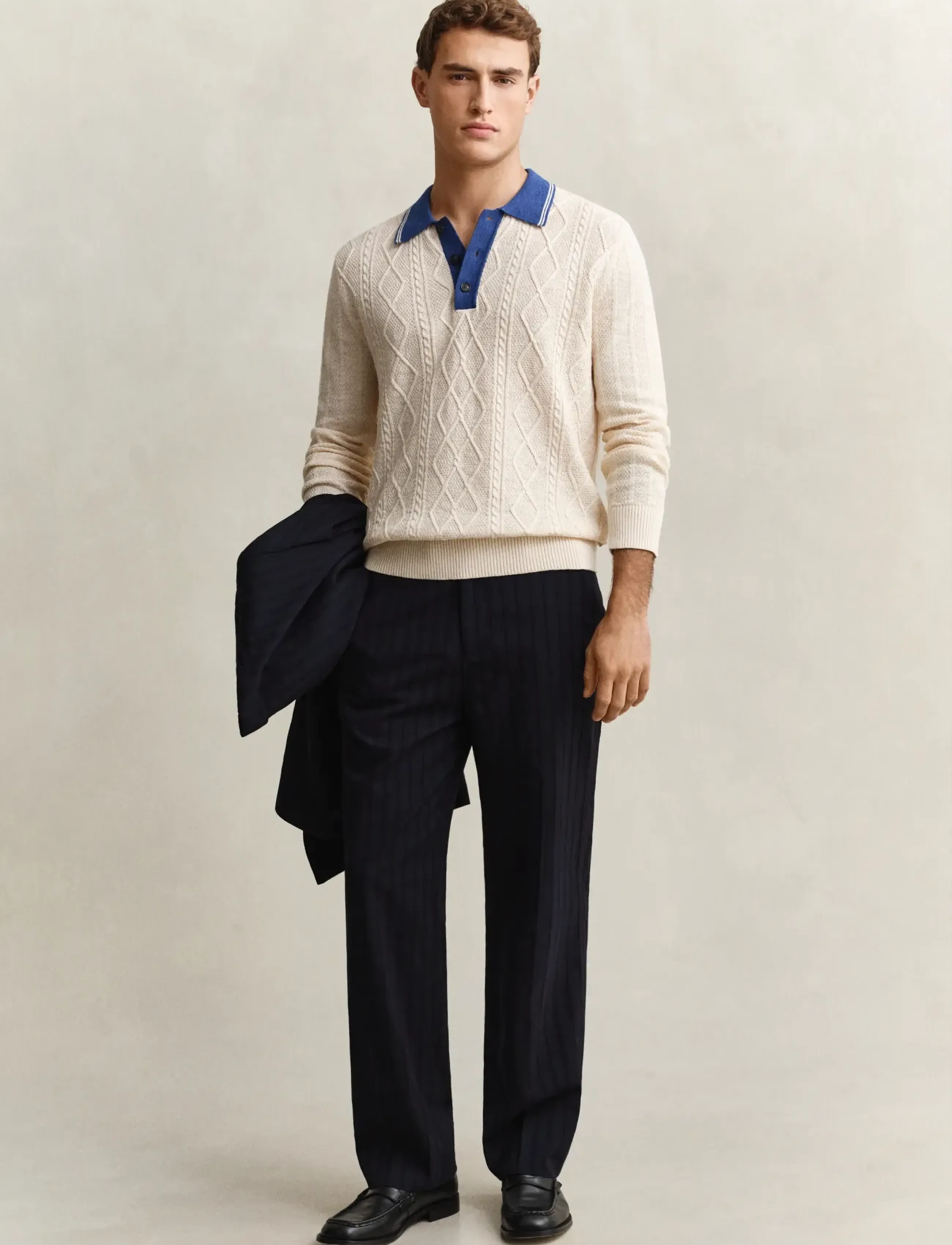Gant - LINEN COTTON SILK BLEND CABLE POLO - poloer i strik med lange ærmer - creamed white - 4