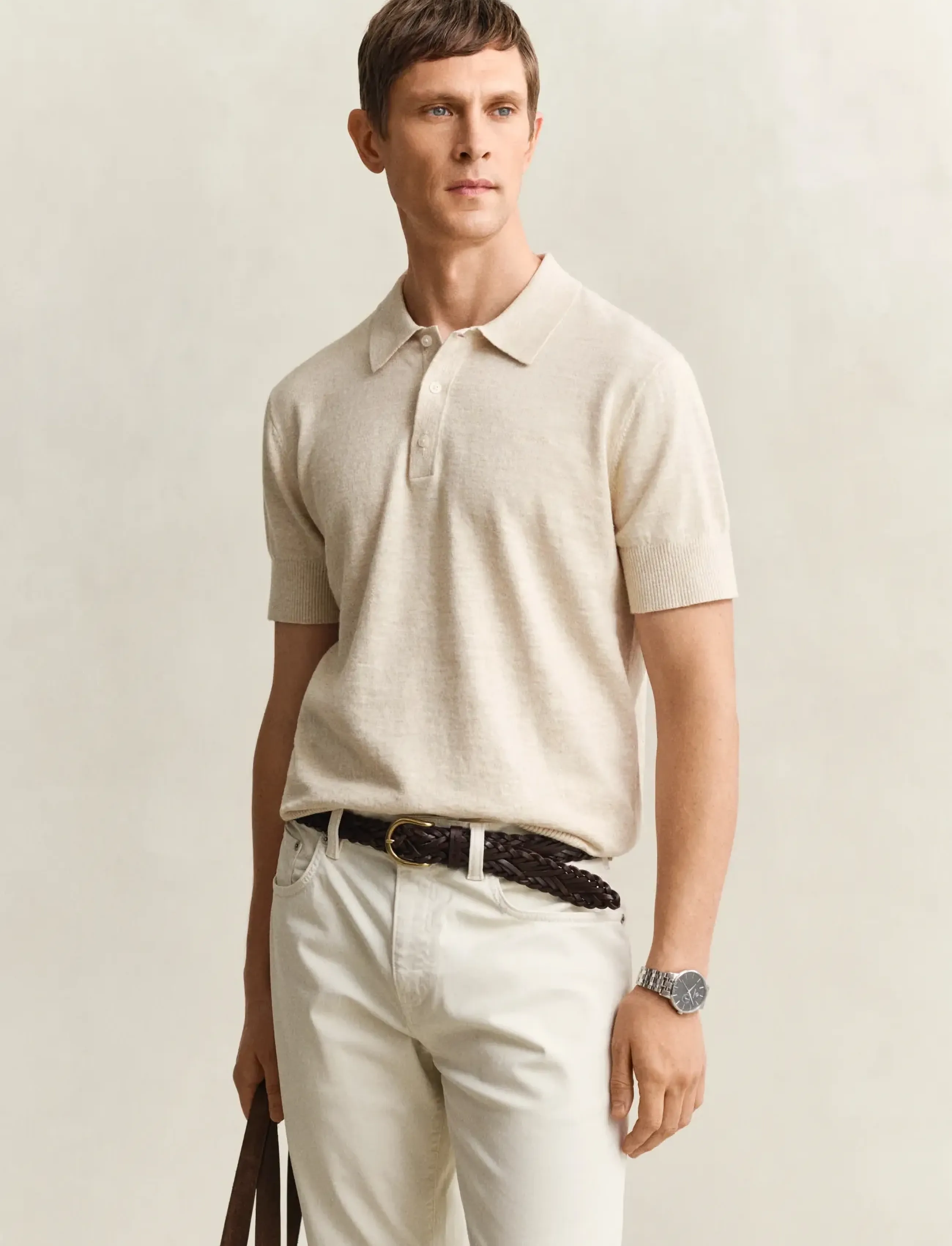 GANT SLUB COTTON LINEN SS POLO - Linen clothing - SEED MELANGE / beige
