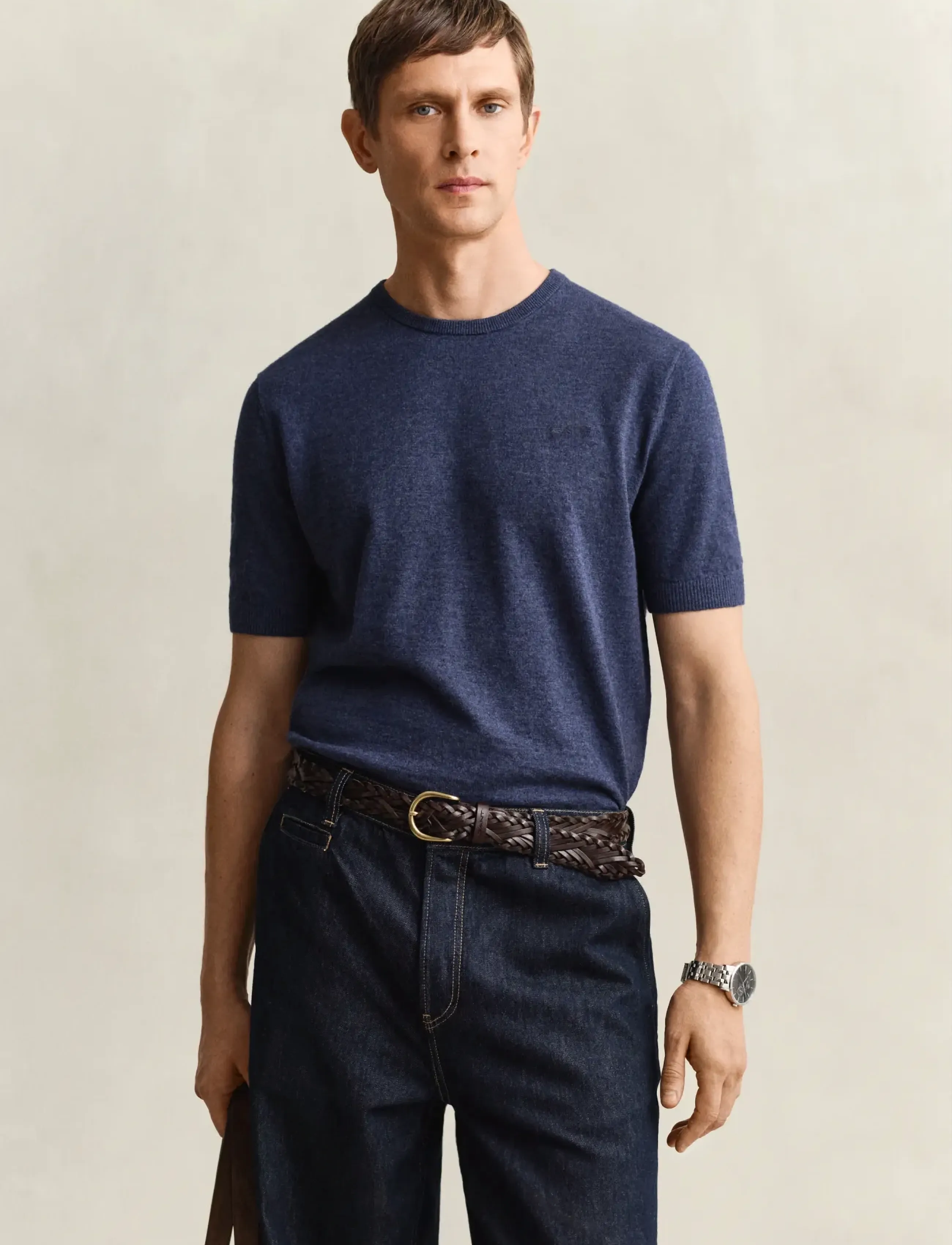 GANT SLUB COTTON LINEN SS C-NECK - T-shirts - DARK INDIGO MELANGE / navy