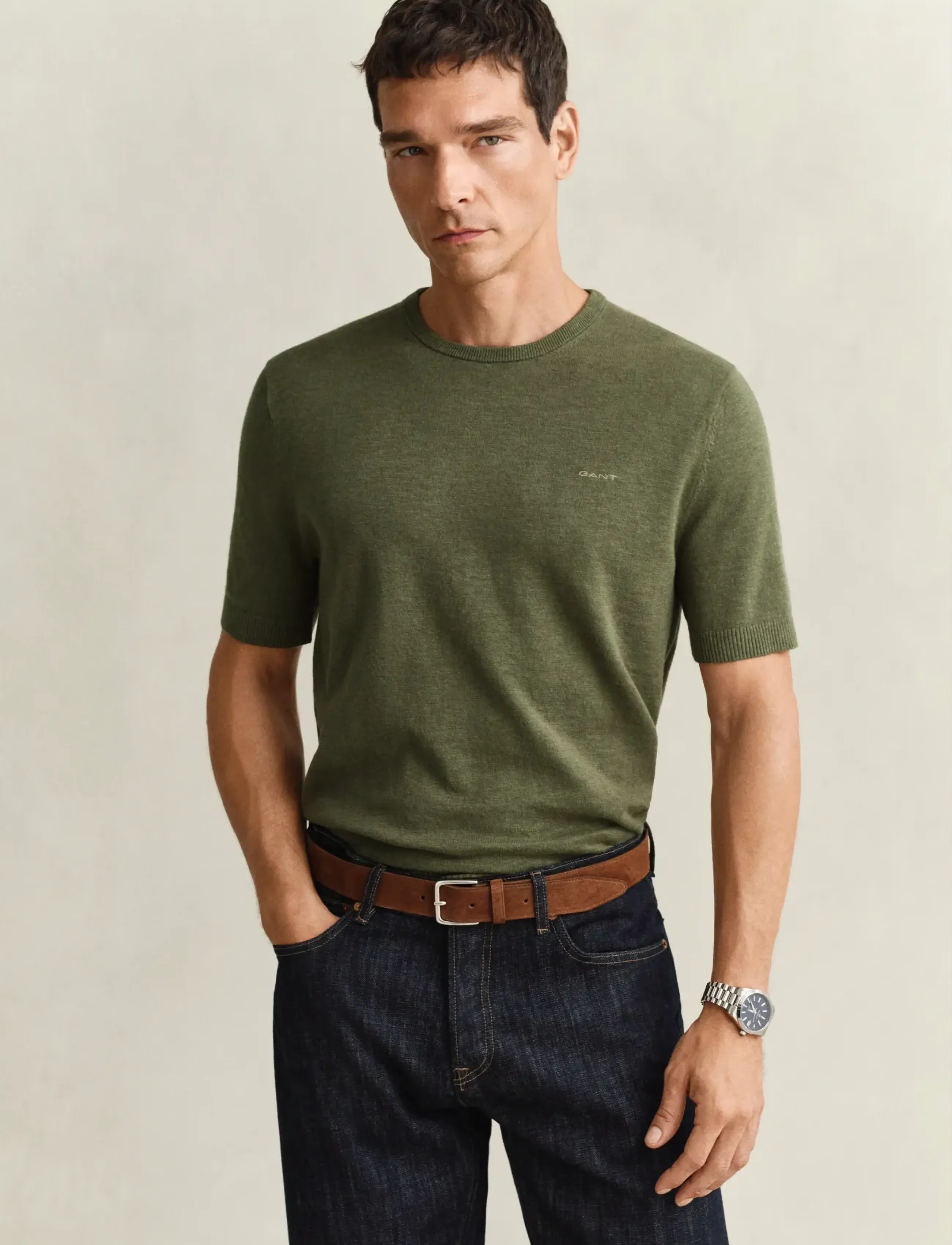 GANT SLUB COTTON LINEN SS C-NECK - T-krekli ar īsām piedurknēm - DRY HERB GREEN / khaki/green