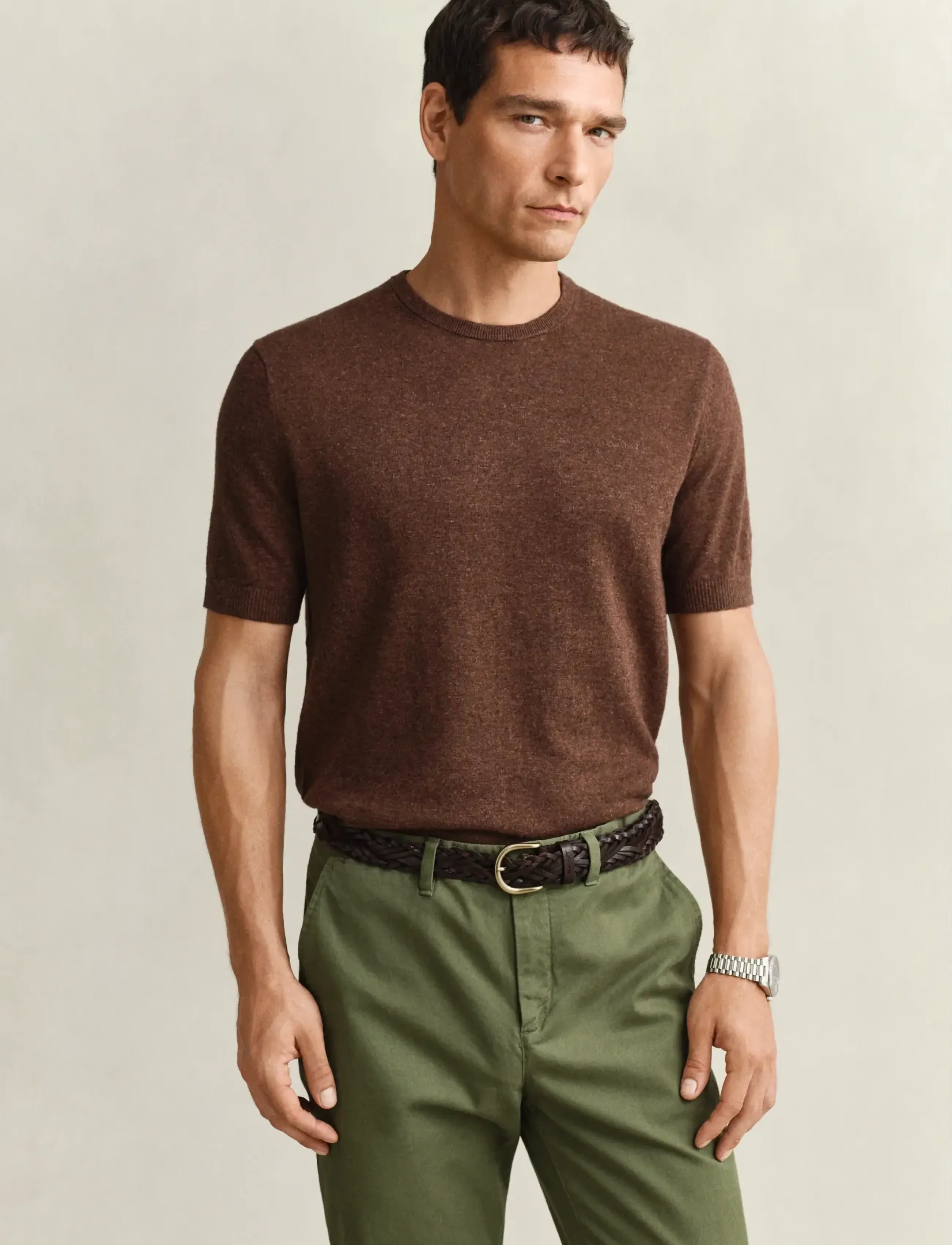 GANT SLUB COTTON LINEN SS C-NECK - T-shirts - HAZELNUT MELANGE / brown