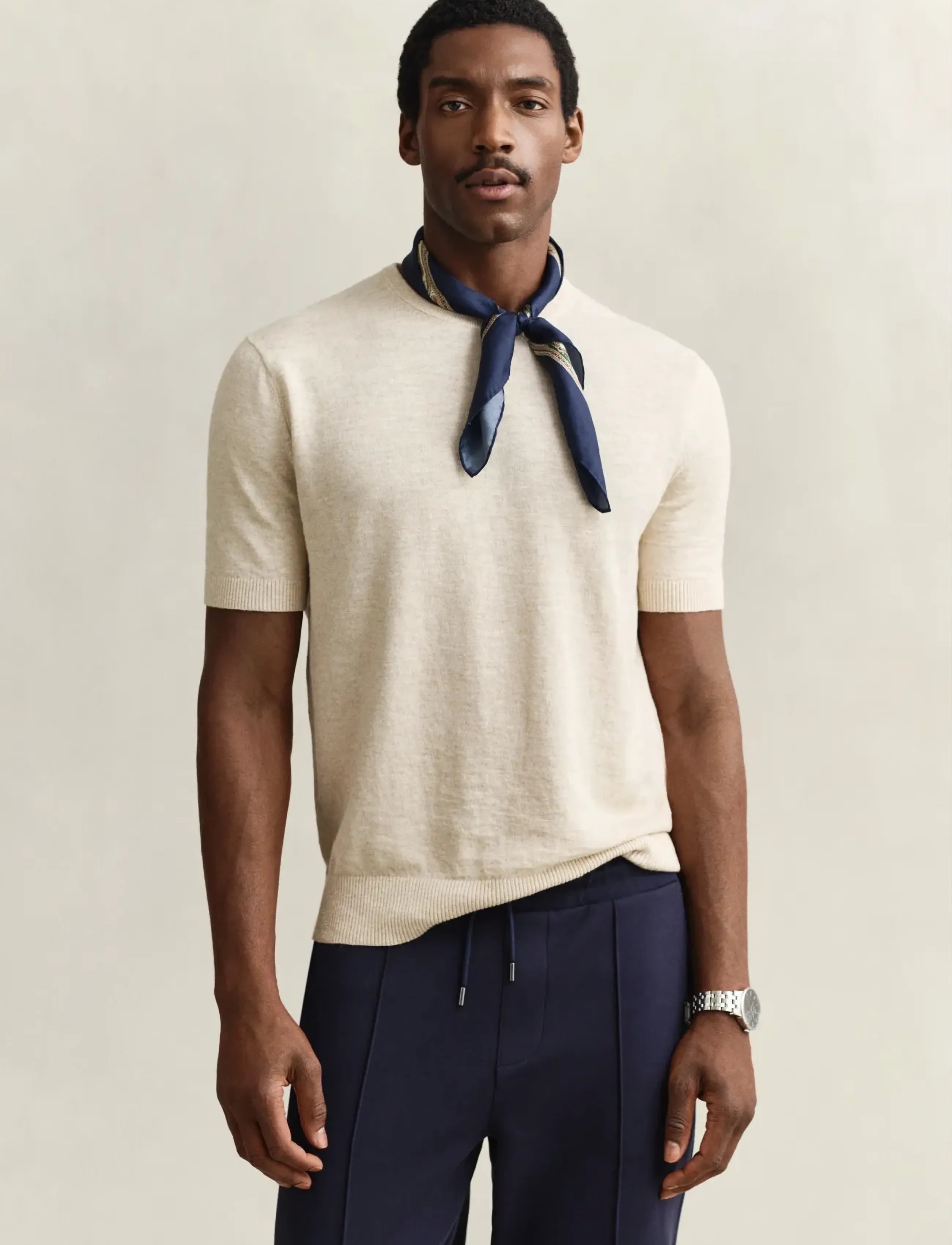 GANT SLUB COTTON LINEN SS C-NECK - T-shirts - SEED MELANGE / beige