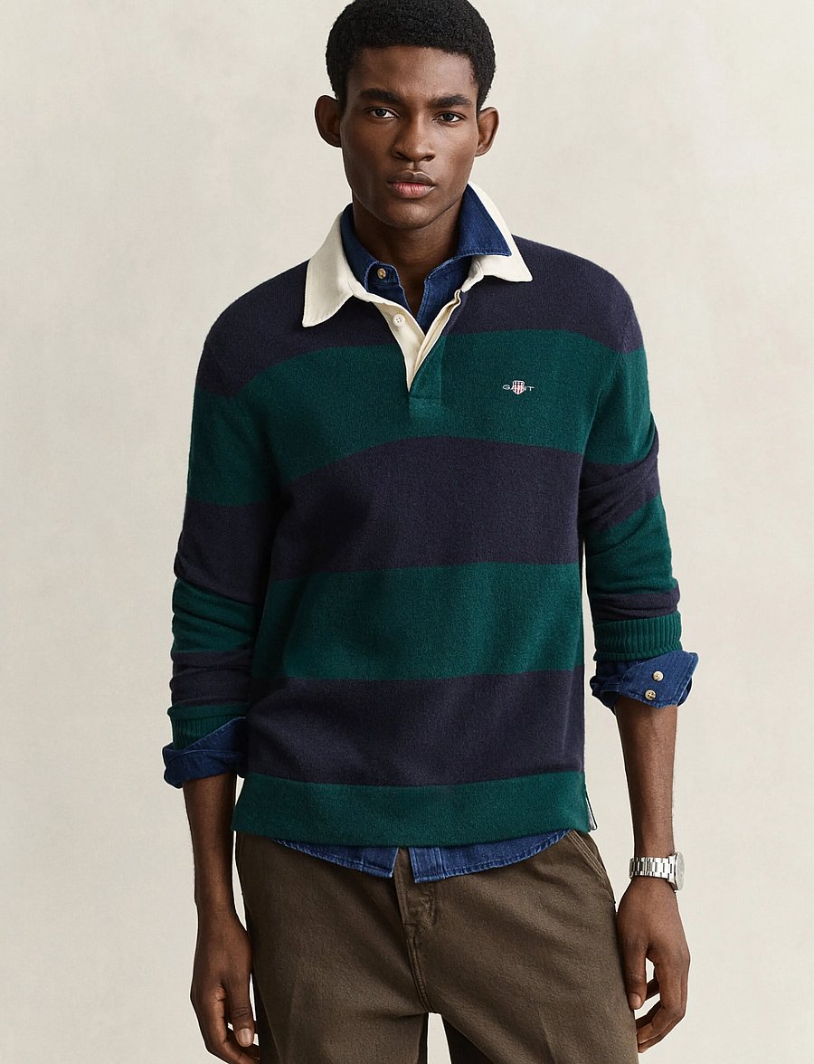 Gant - BARSTRIPED LAMBSWOOL RUGGER - langärmelige strick-polohemden - dark emerald - 0