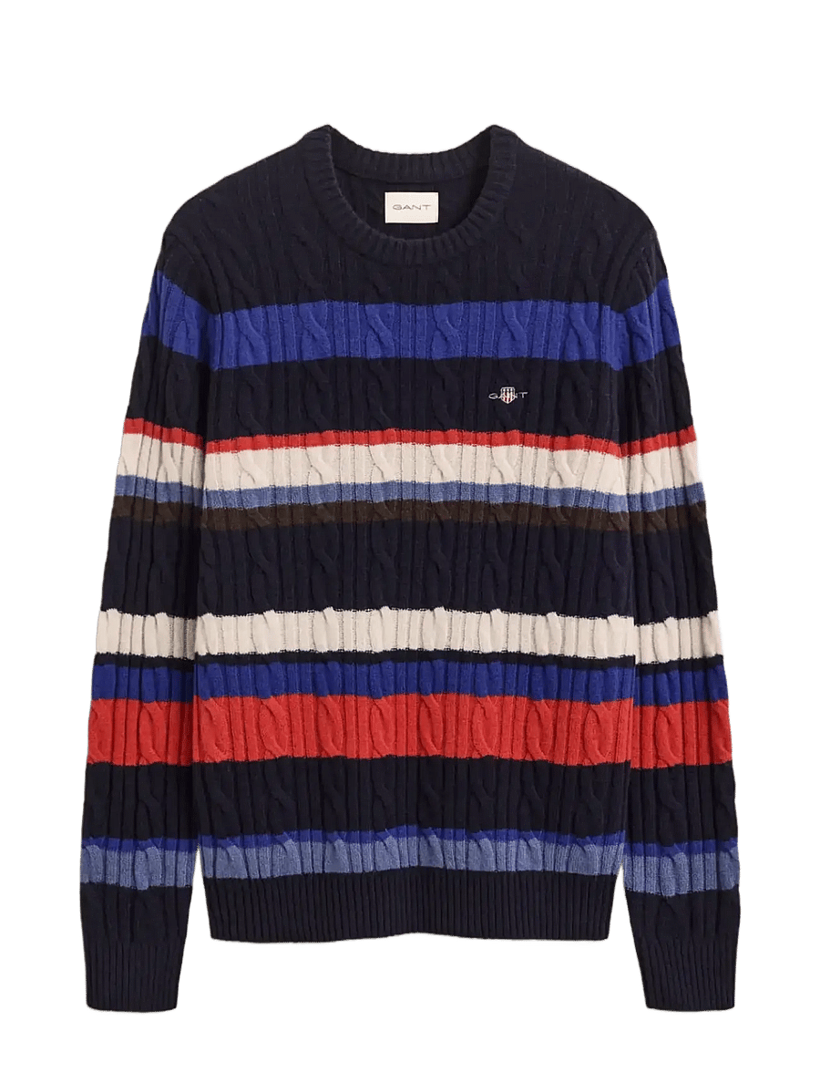 Gant - LAMBSWOOL CABLE STRIPED C-NECK - round necks - evening blue - 1