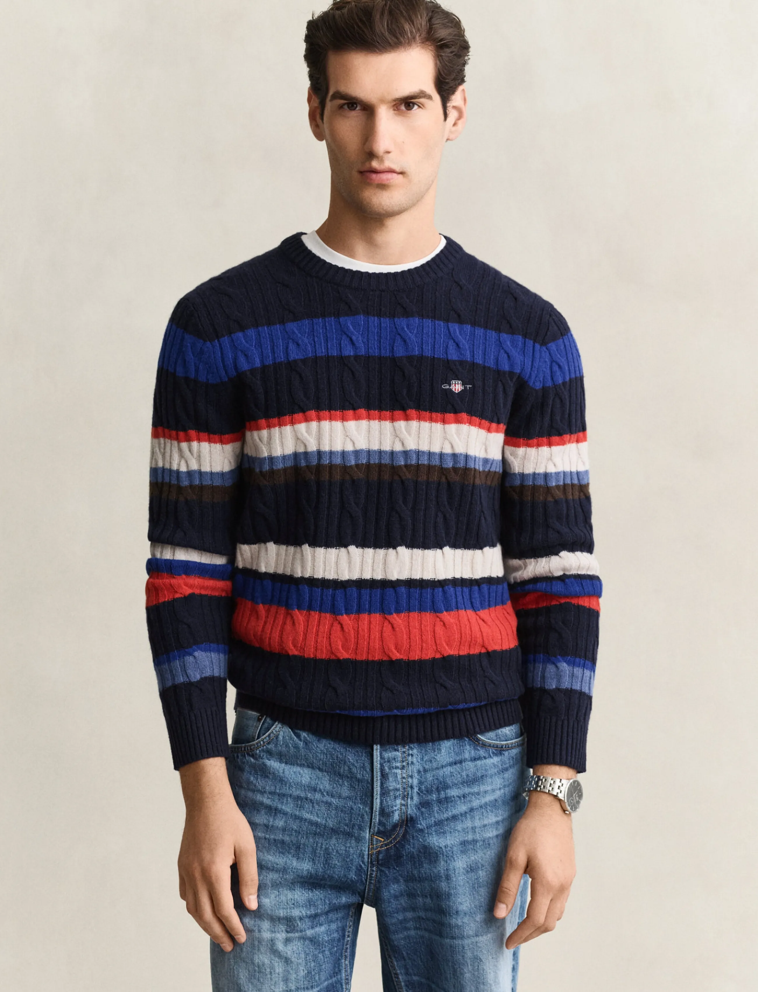 Lambswool Cable Striped C-Neck