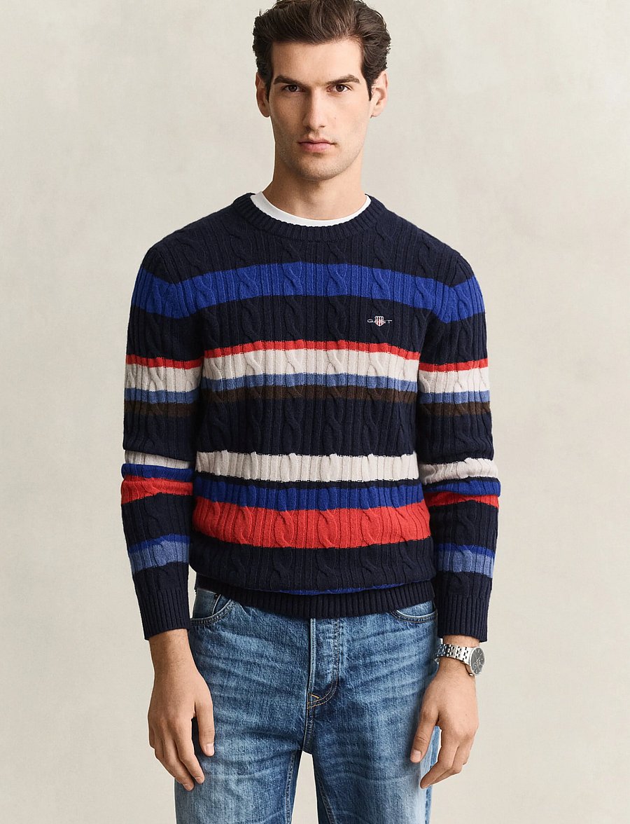 Gant - LAMBSWOOL CABLE STRIPED C-NECK - round necks - evening blue - 0