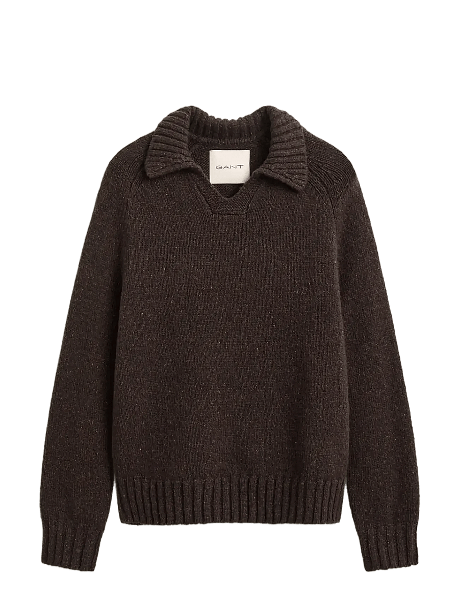 Gant - WOOL SILK POLO - long-sleeved knitted polos - dk brown melange - 1