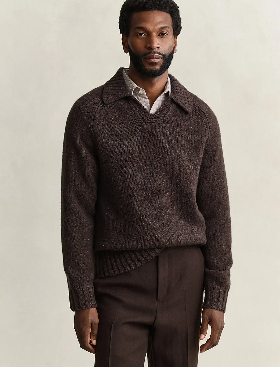 Gant - WOOL SILK POLO - long-sleeved knitted polos - dk brown melange - 0